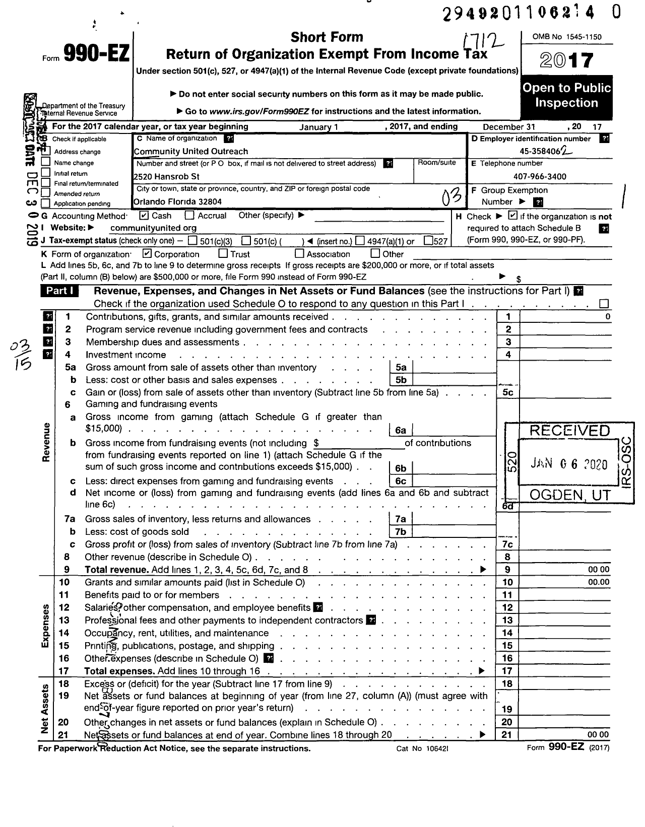 Image of first page of 2017 Form 990EZ for Community United Outreach