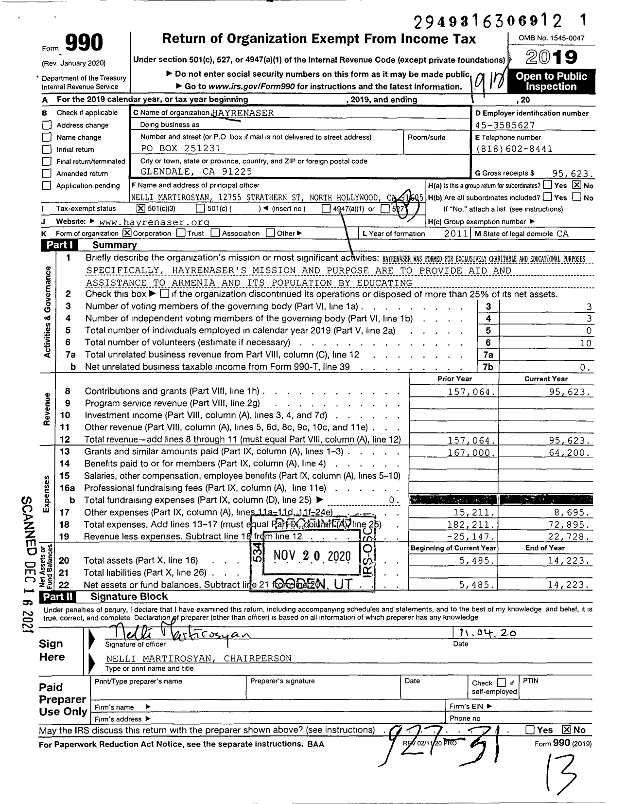 Image of first page of 2019 Form 990 for Hayrenaser