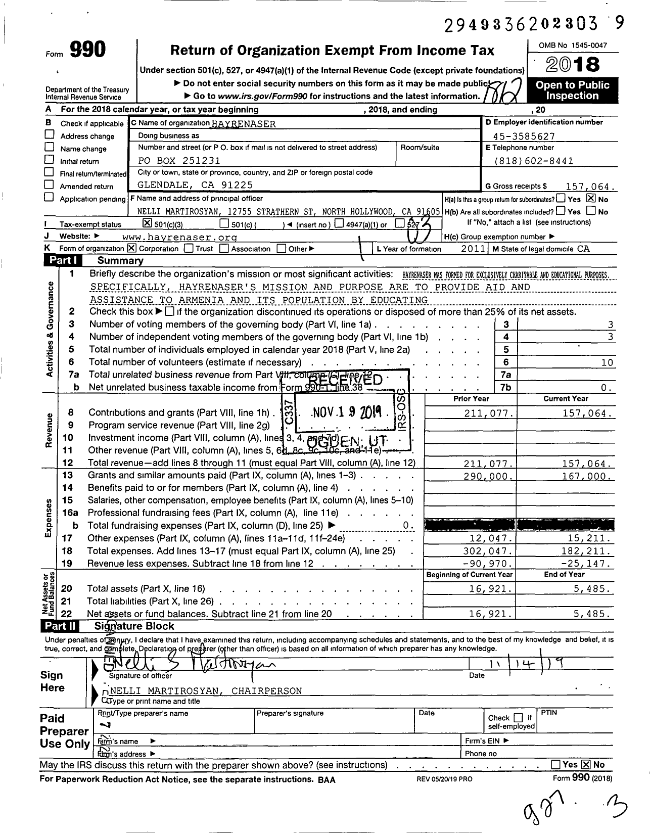 Image of first page of 2018 Form 990 for Hayrenaser