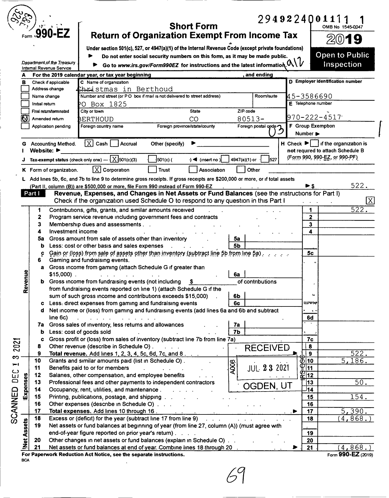 Image of first page of 2019 Form 990EZ for Christmas in Berthoud