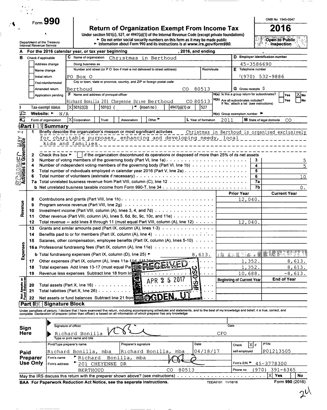 Image of first page of 2016 Form 990 for Christmas in Berthoud