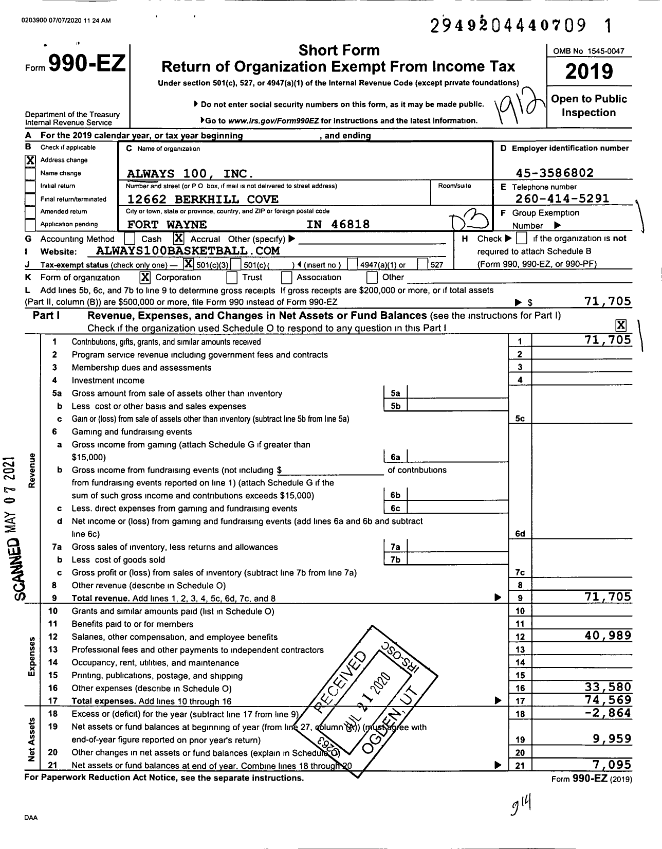 Image of first page of 2019 Form 990EZ for Always 100