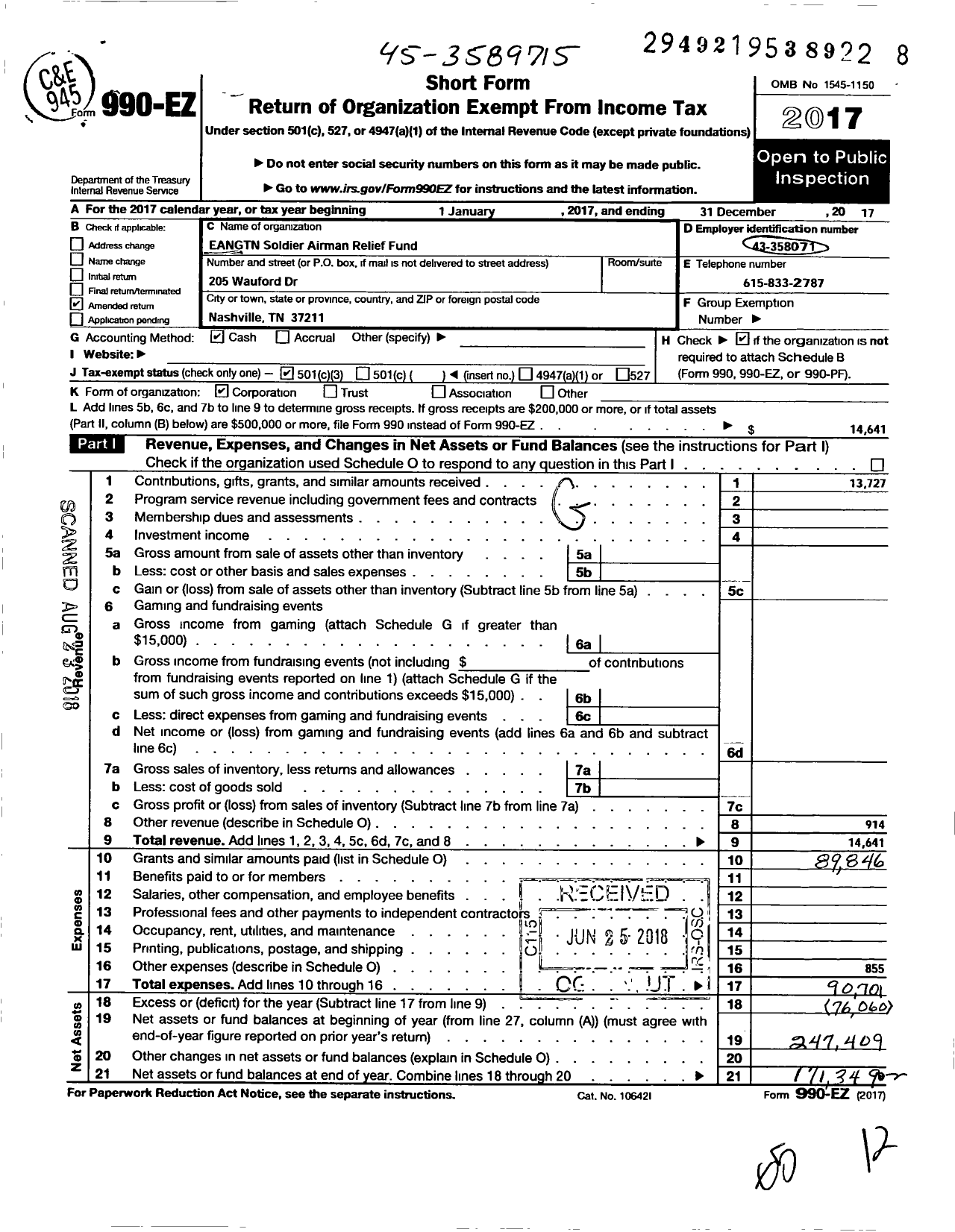 Image of first page of 2017 Form 990EZ for Eangtn Auxiliary Soldier Airman Relief Fund