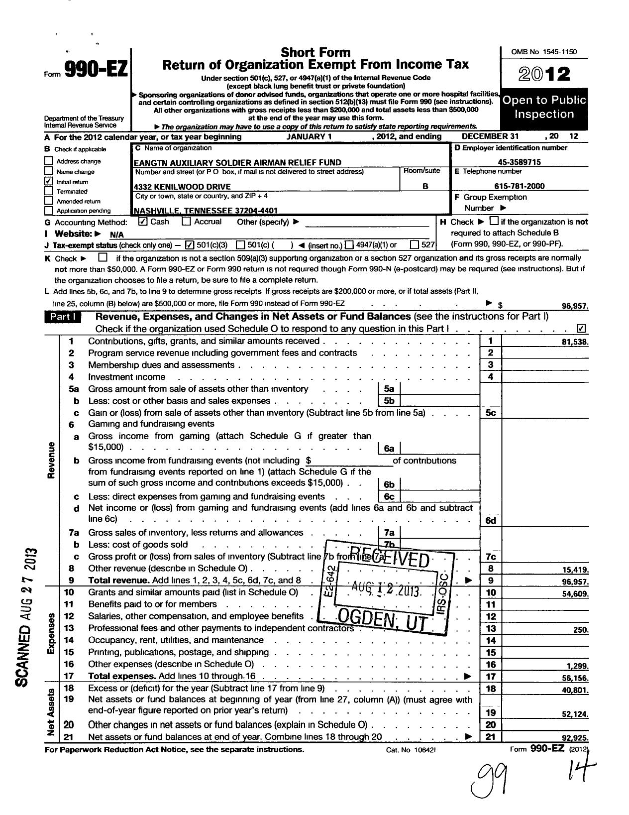 Image of first page of 2012 Form 990EZ for Eangtn Auxiliary Soldier Airman Relief Fund