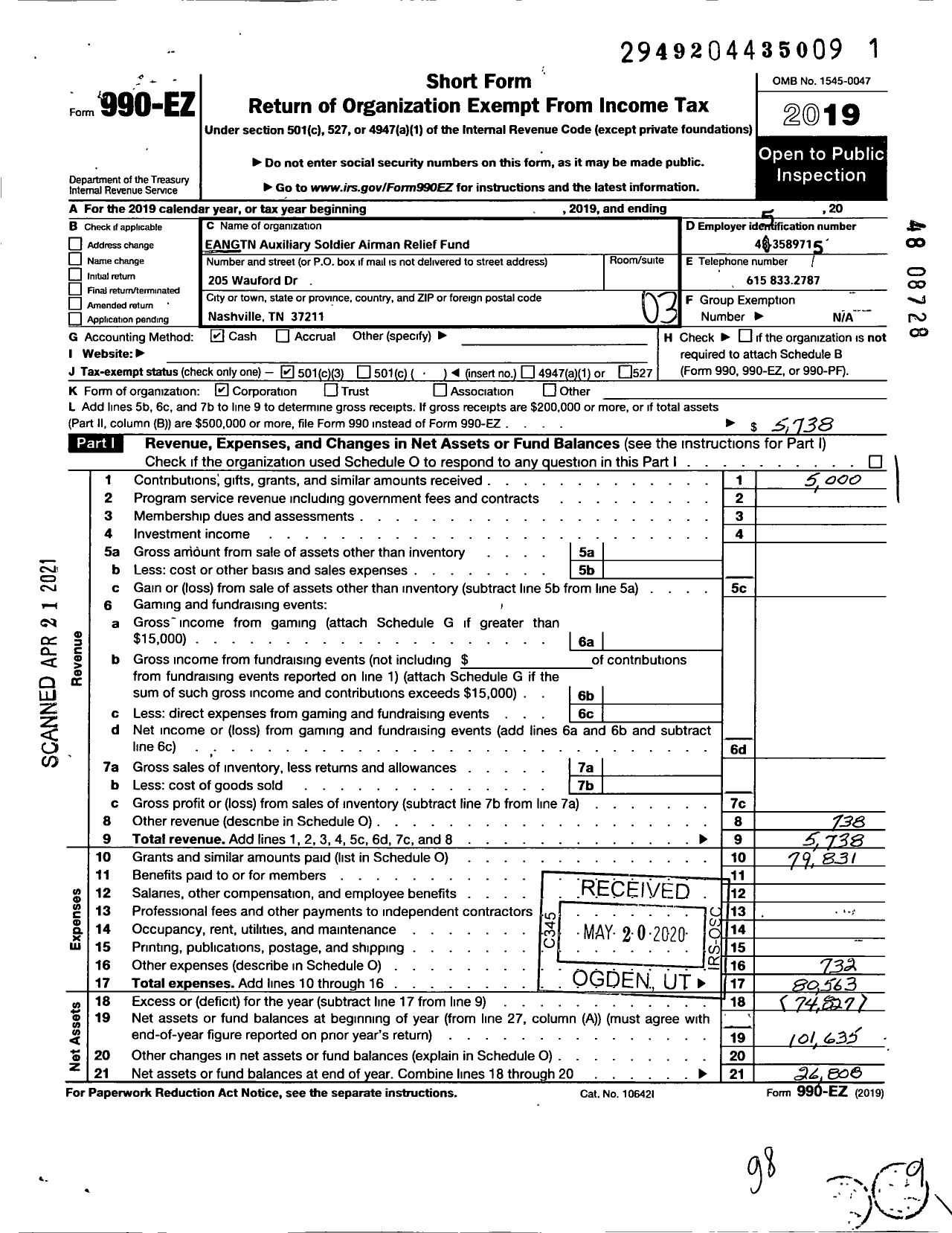 Image of first page of 2019 Form 990EZ for Eangtn Auxiliary Soldier Airman Relief Fund