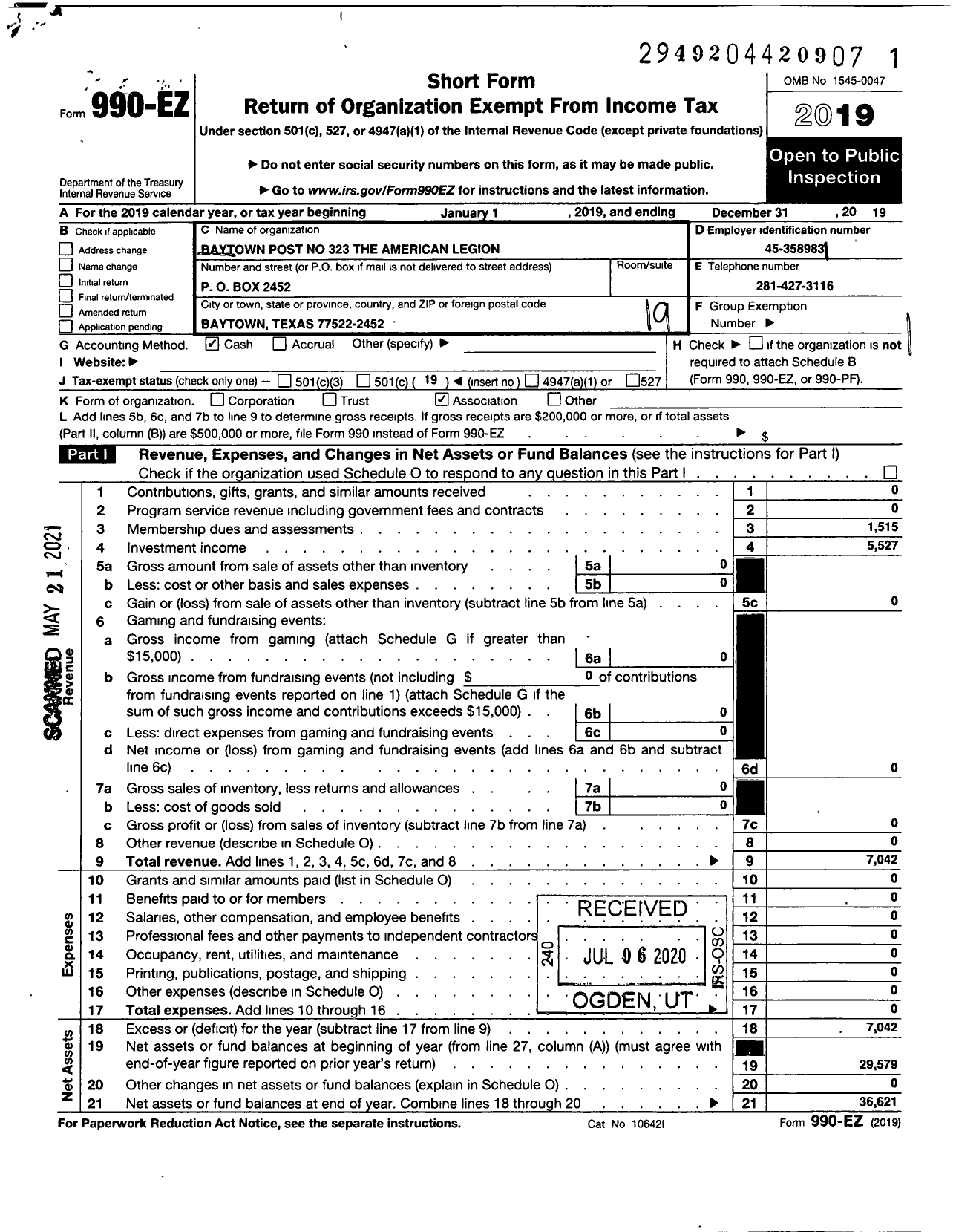 Image of first page of 2019 Form 990EO for Baytown Post No 323 the American Legion Department of Texas Baytown