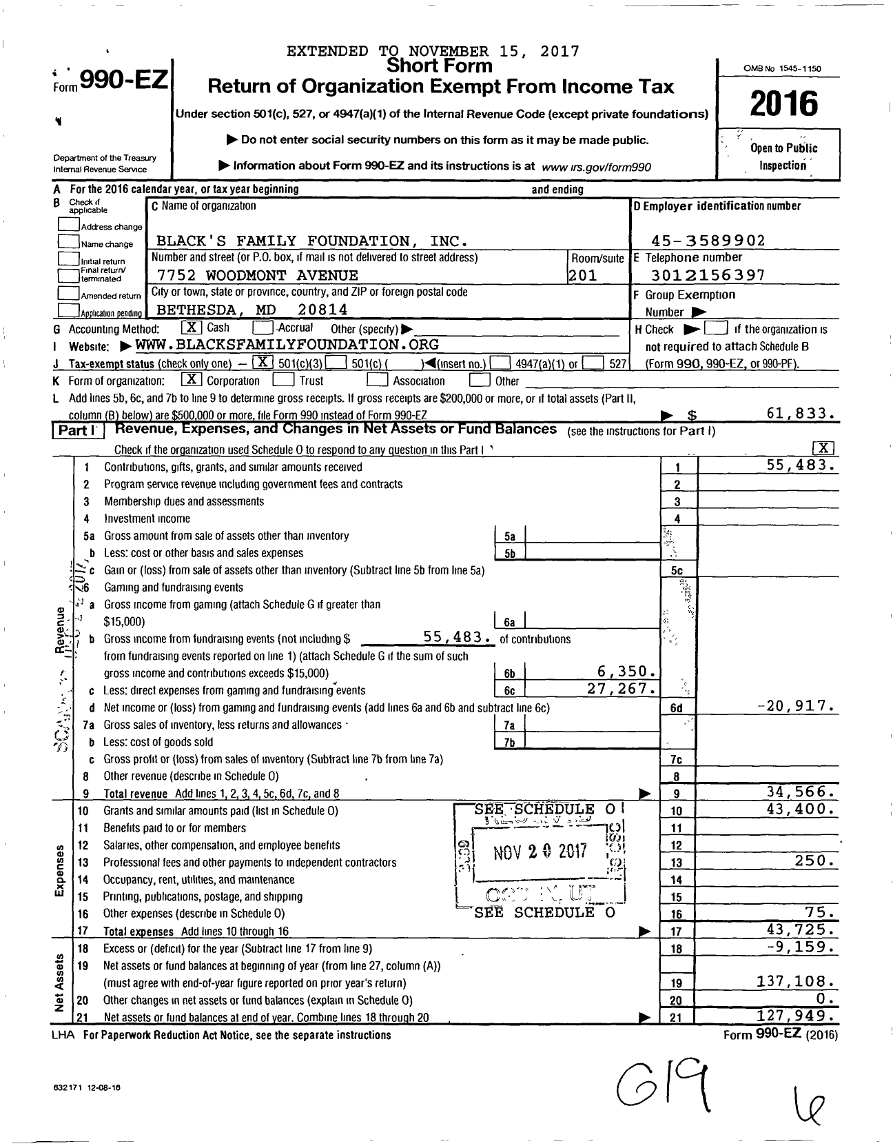 Image of first page of 2016 Form 990EZ for Black's Family Foundation