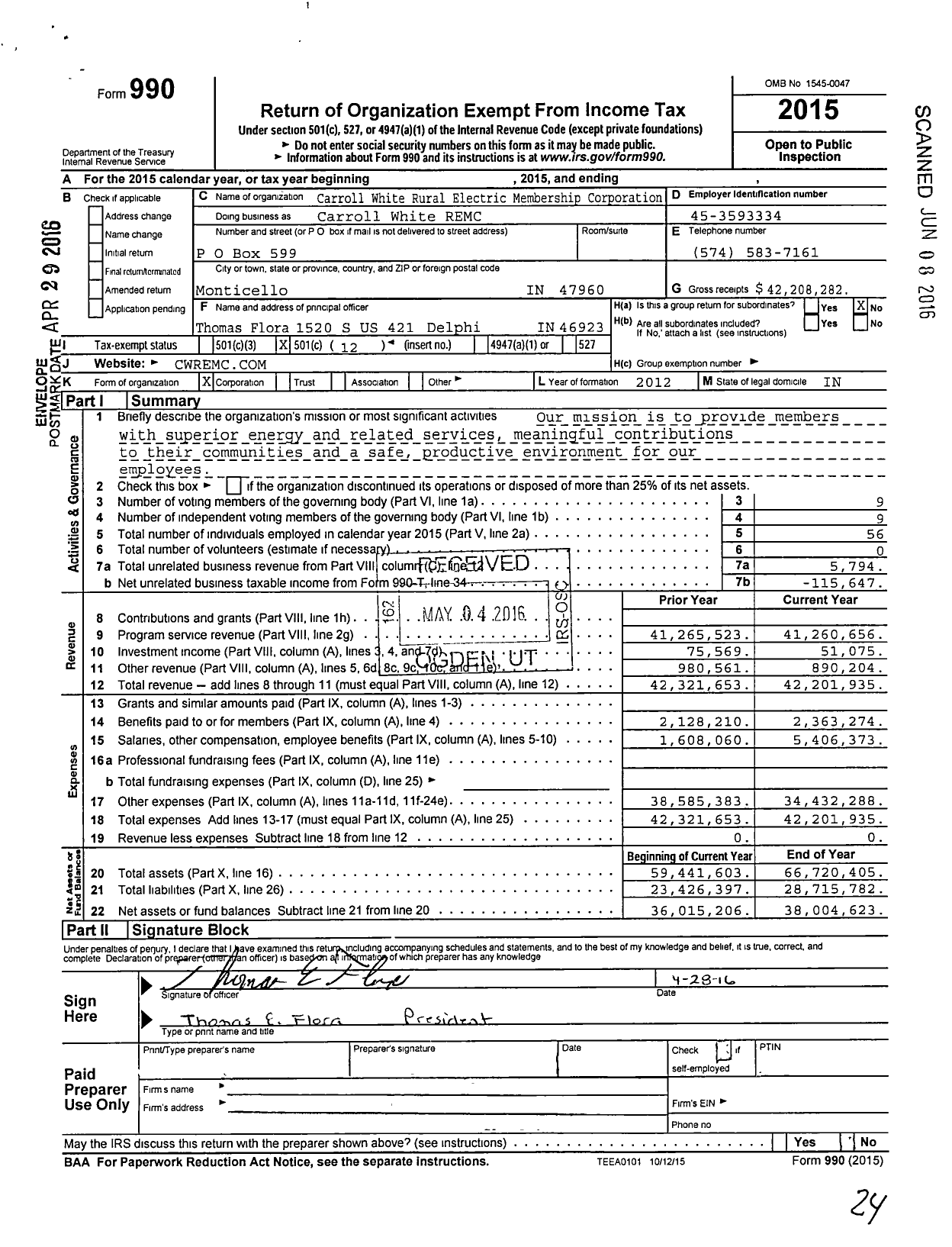Image of first page of 2015 Form 990O for Carroll White REMC