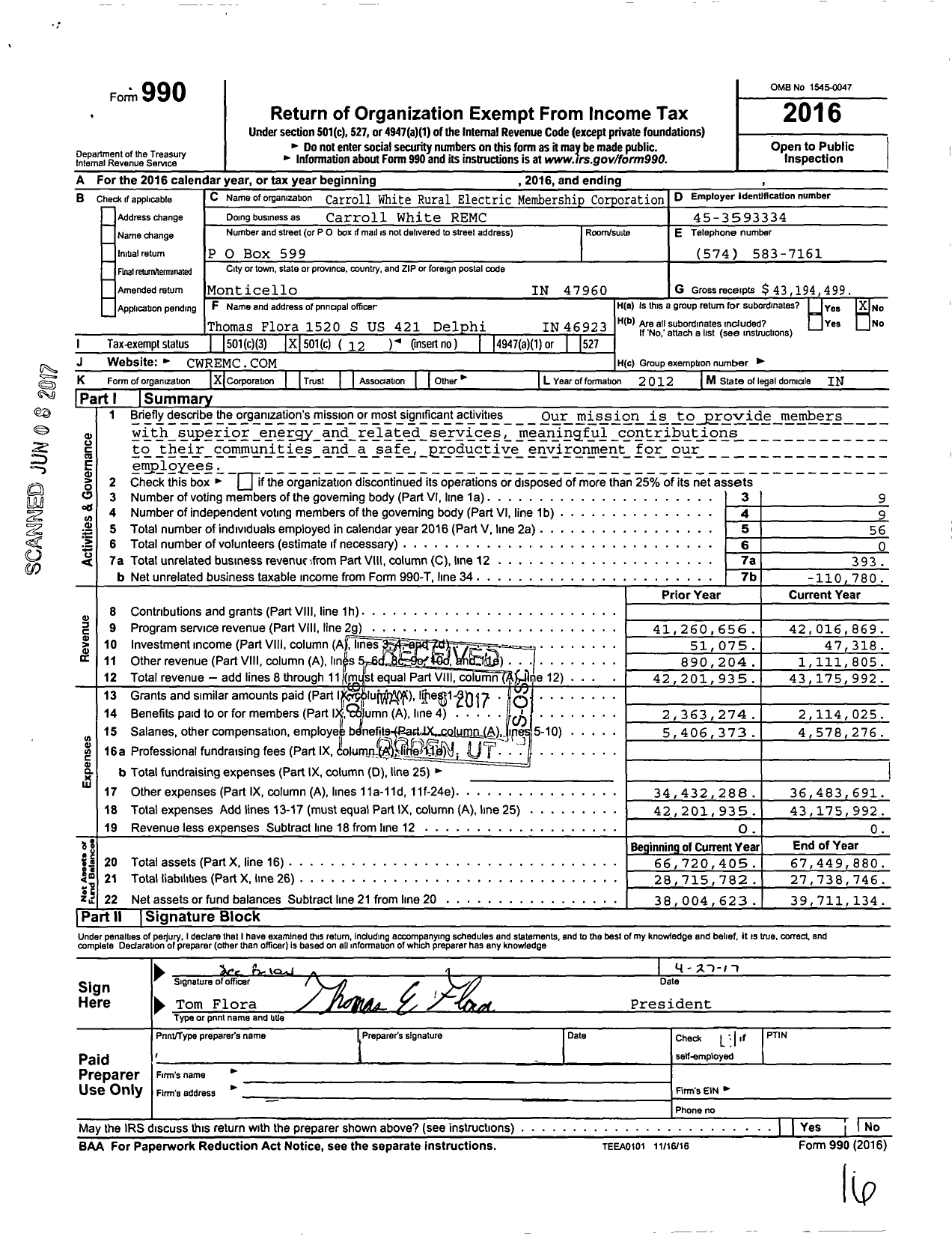Image of first page of 2016 Form 990O for Carroll White REMC