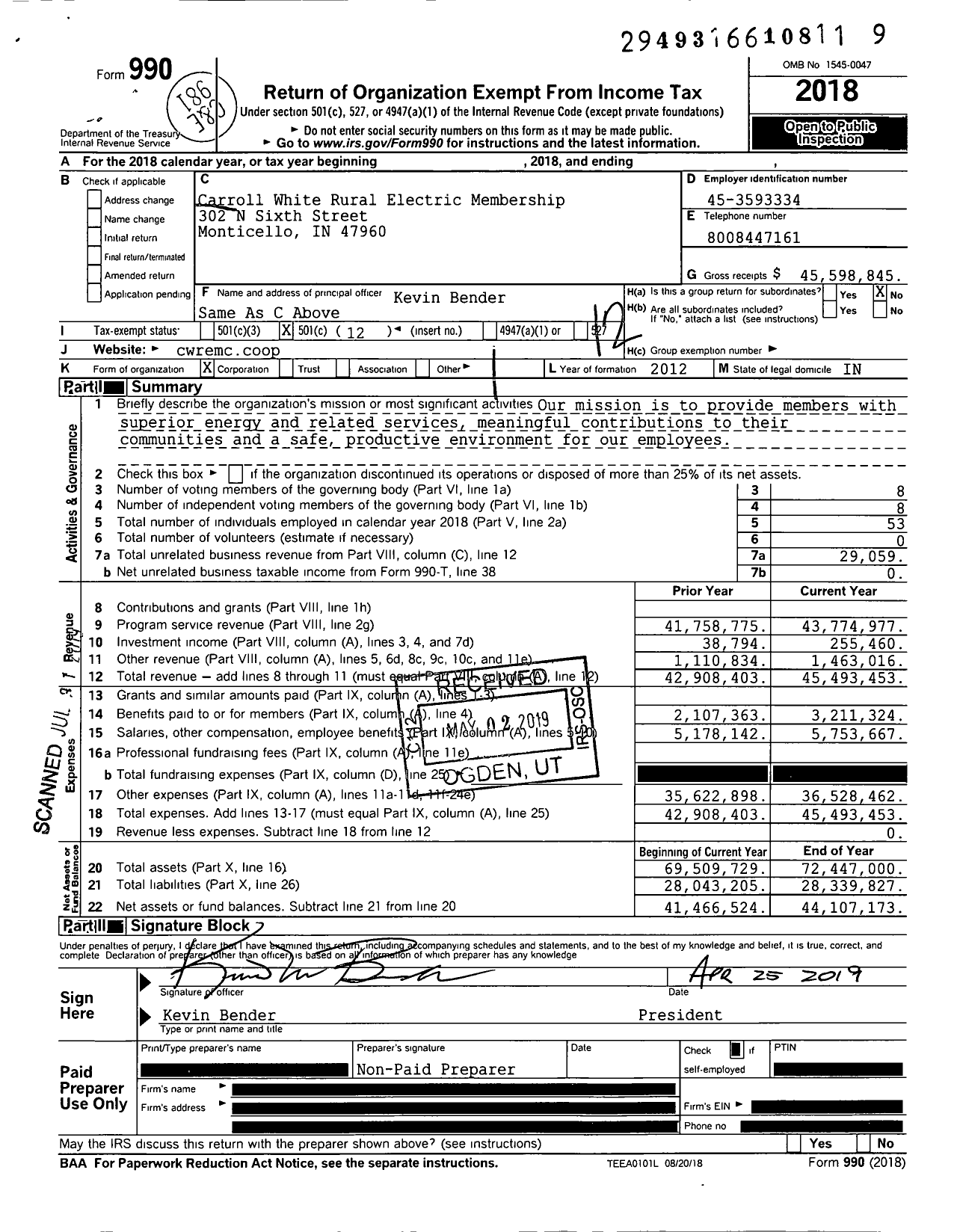 Image of first page of 2018 Form 990O for Carroll White REMC