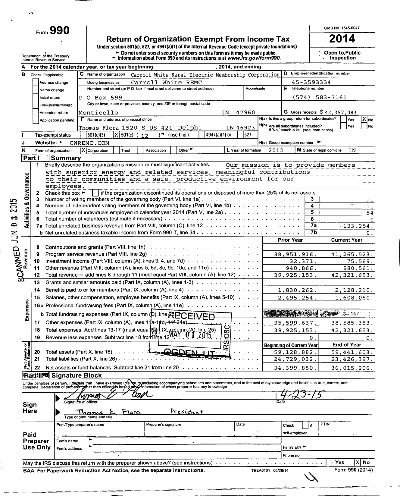 Image of first page of 2014 Form 990O for Carroll White REMC