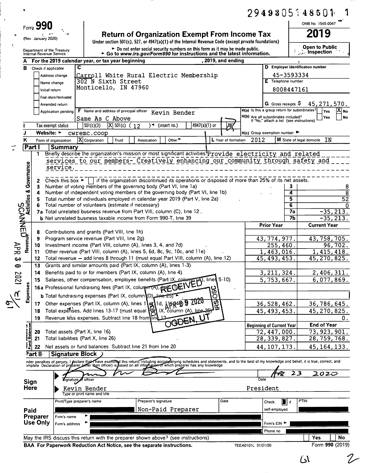 Image of first page of 2019 Form 990O for Carroll White REMC