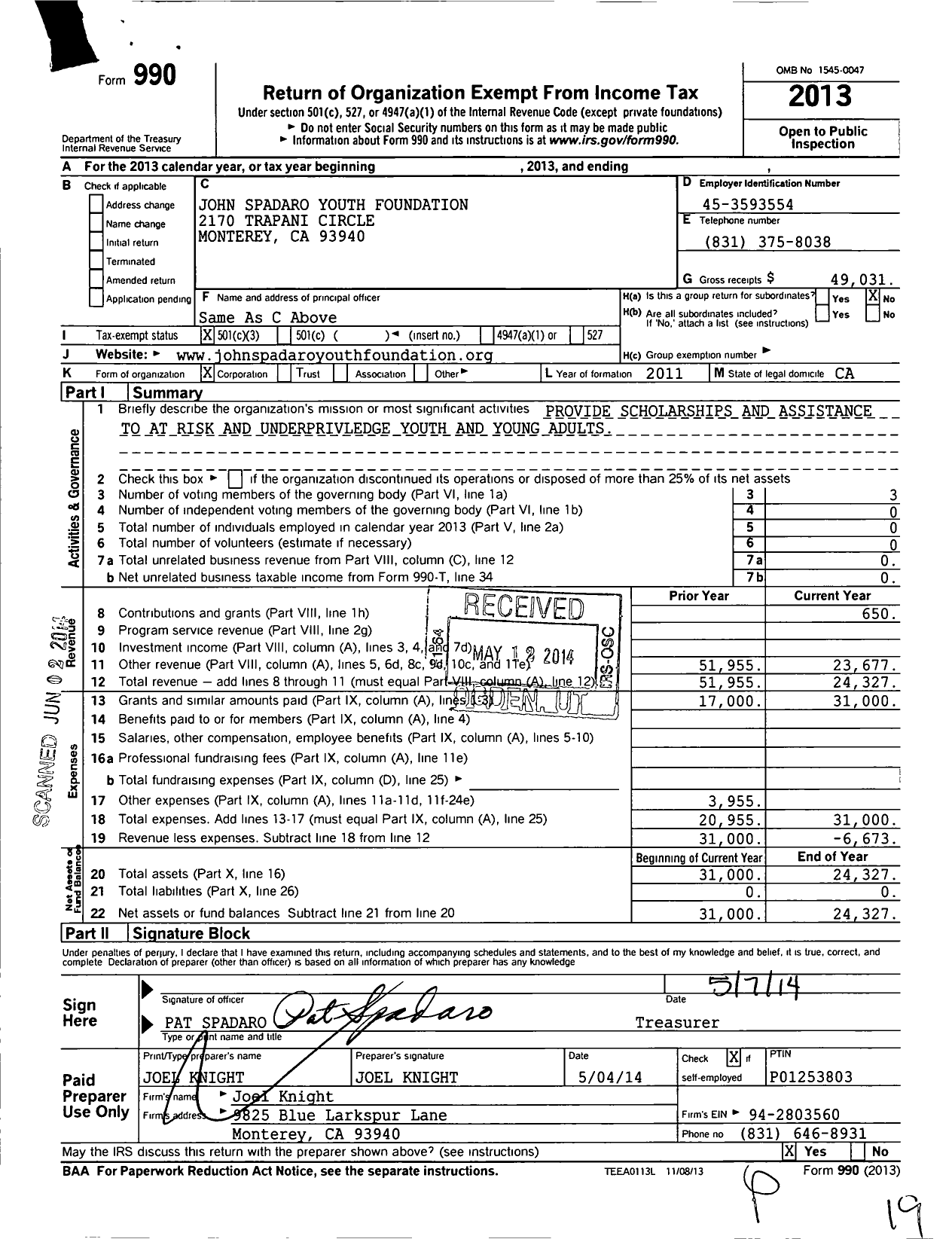 Image of first page of 2013 Form 990 for John Spadaro Youth Foundation