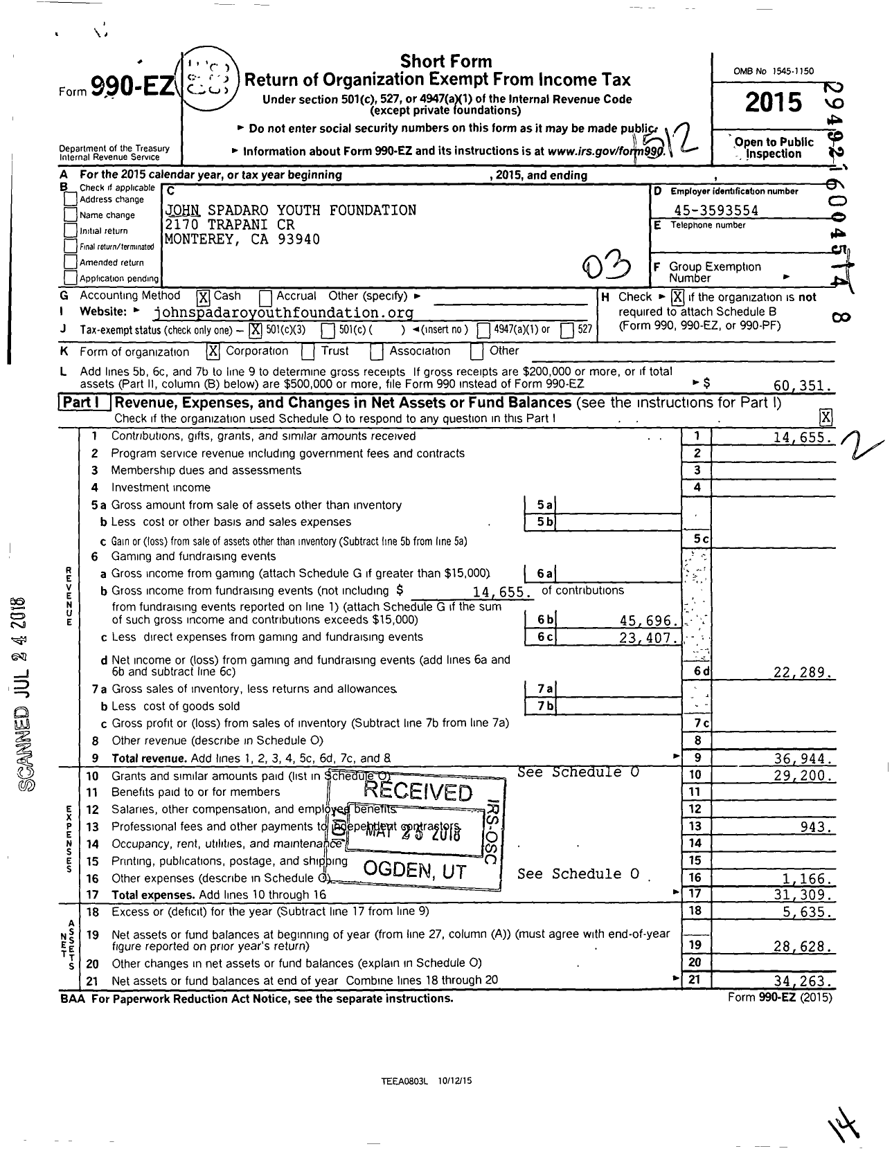 Image of first page of 2015 Form 990EZ for John Spadaro Youth Foundation