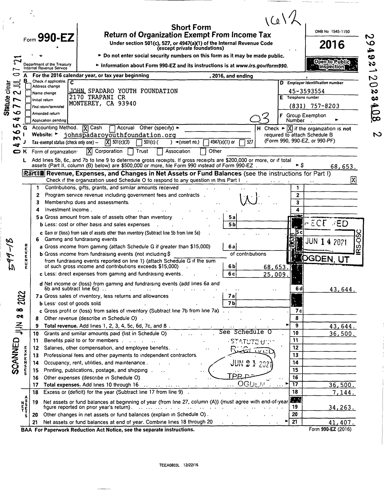 Image of first page of 2016 Form 990EZ for John Spadaro Youth Foundation