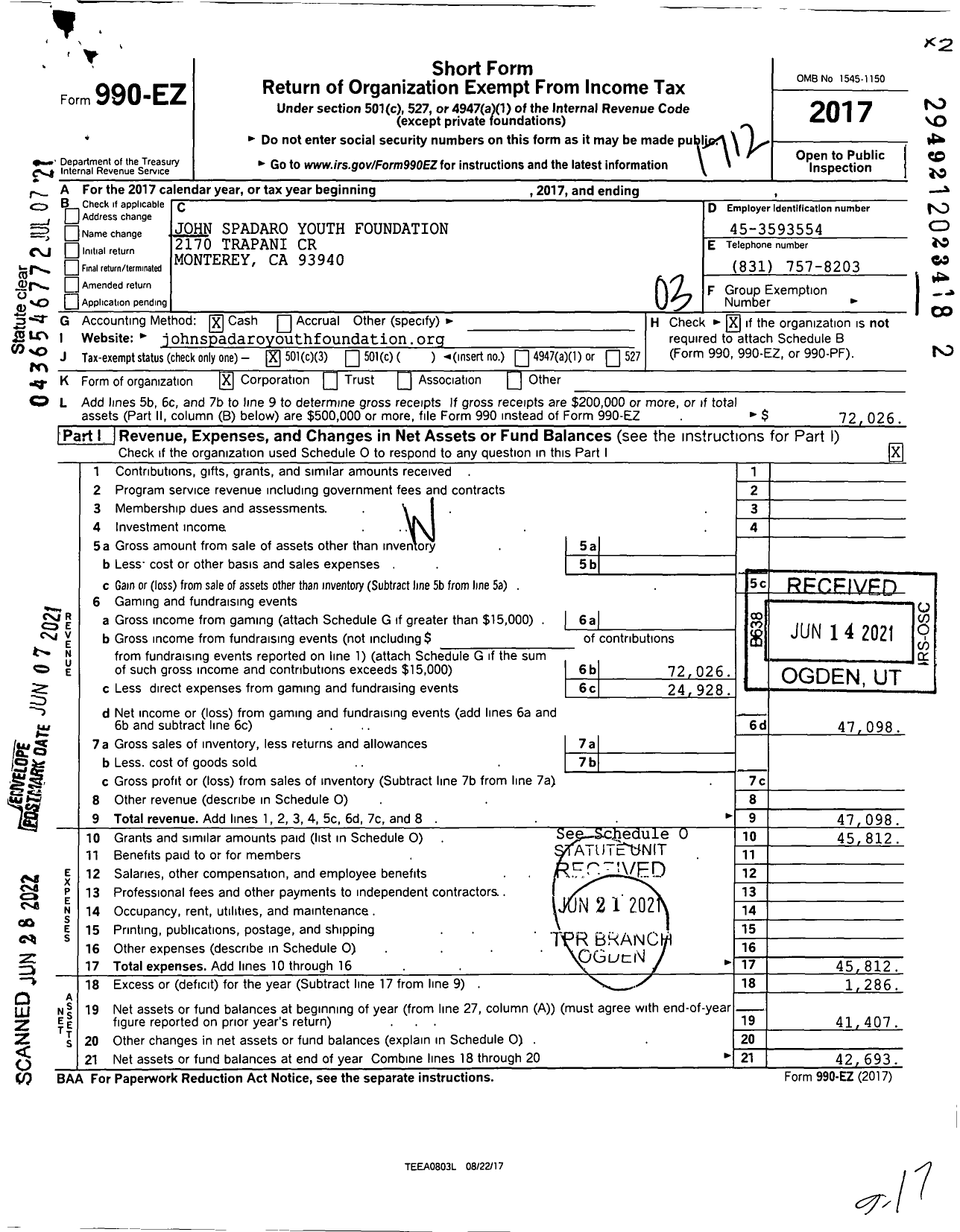 Image of first page of 2017 Form 990EZ for John Spadaro Youth Foundation