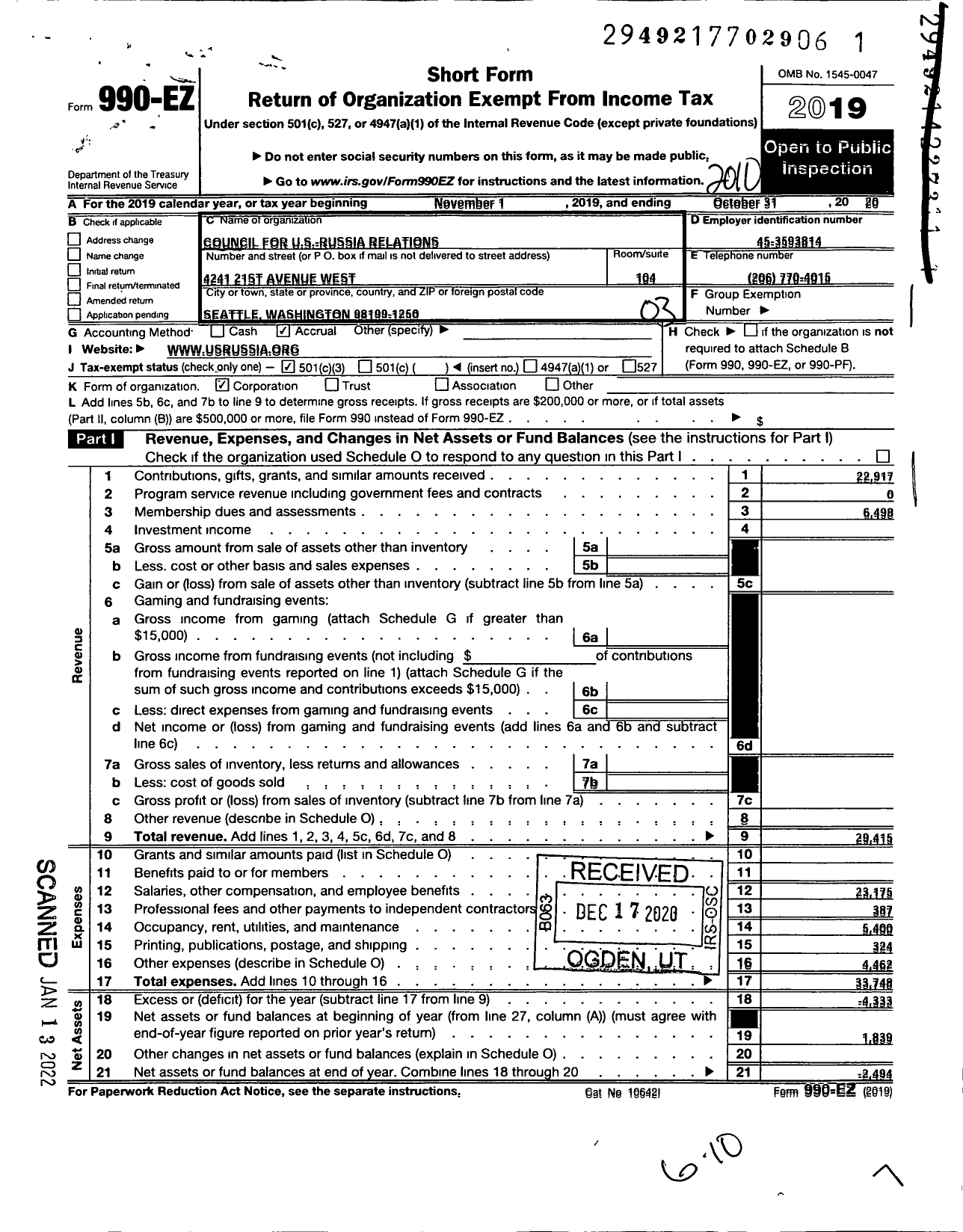 Image of first page of 2019 Form 990EZ for Council for Us-Russia Relations