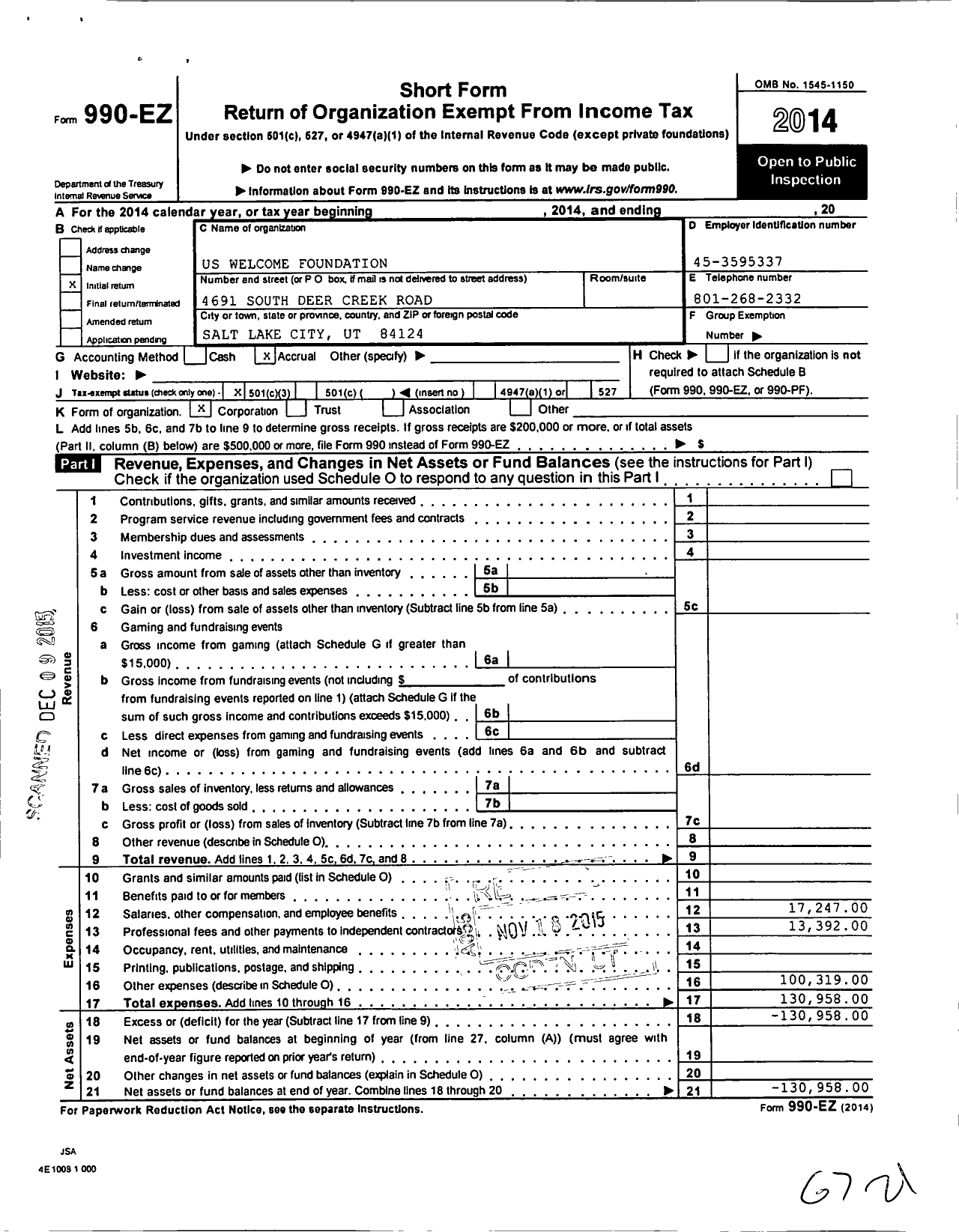 Image of first page of 2014 Form 990EZ for Us Welcome Foundation