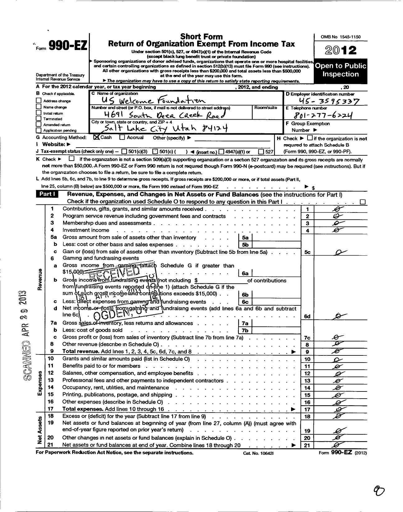 Image of first page of 2012 Form 990EO for Us Welcome Foundation