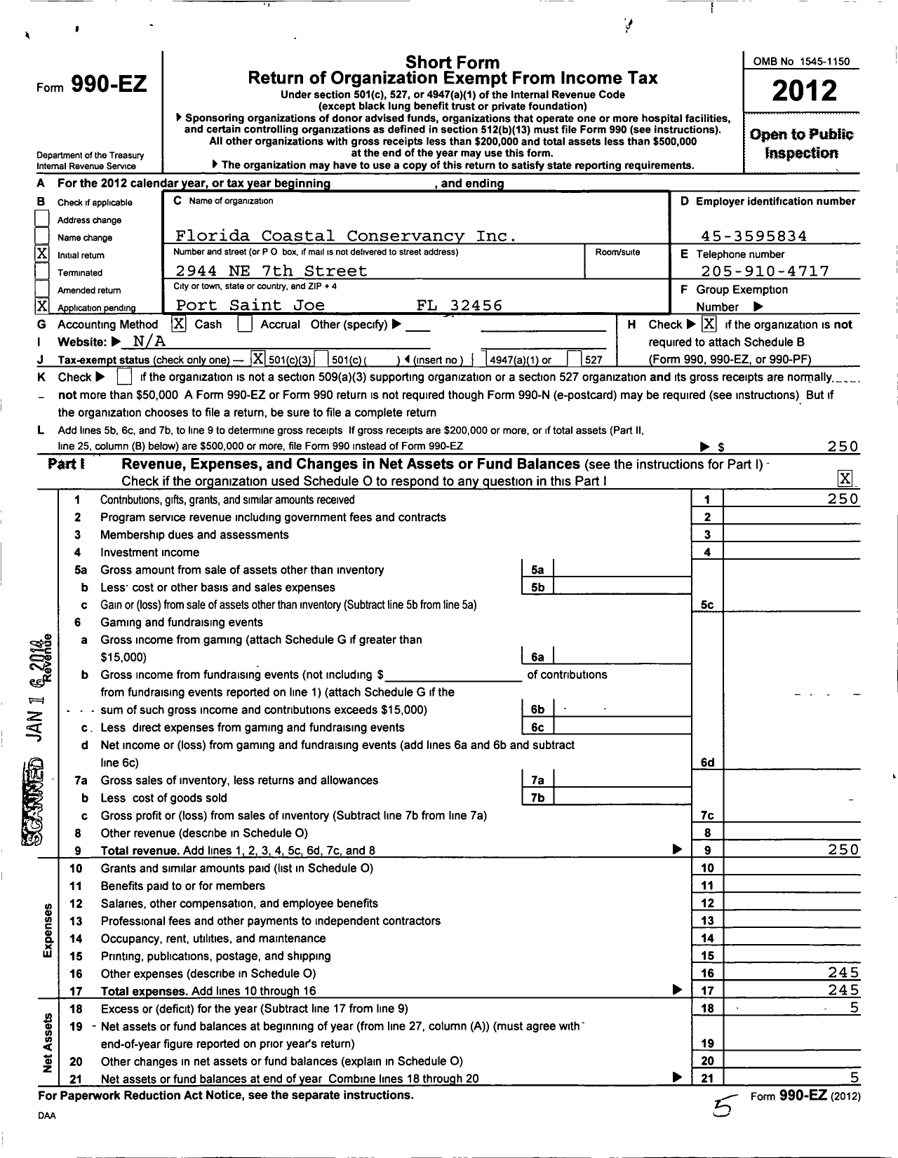 Image of first page of 2012 Form 990EZ for Florida Coastal Conservancy