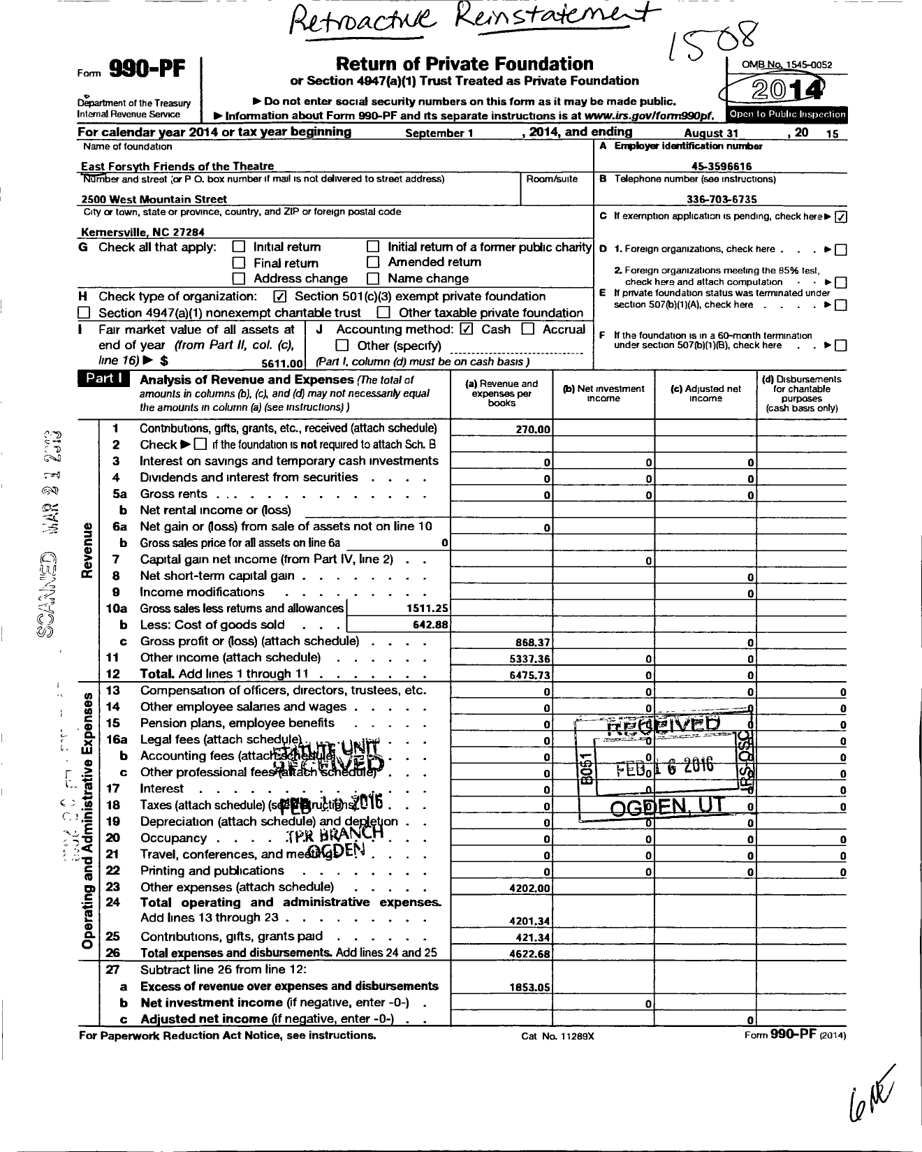 Image of first page of 2014 Form 990PF for East Forsyth Friends of Theatre