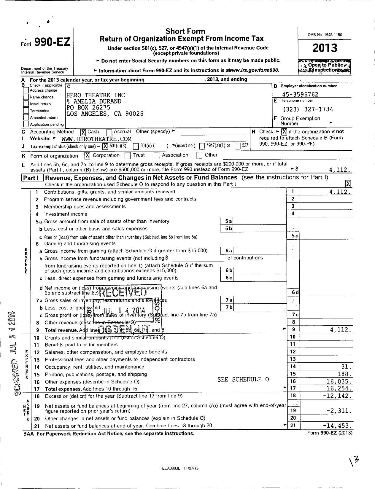 Image of first page of 2013 Form 990EZ for Hero Theatre