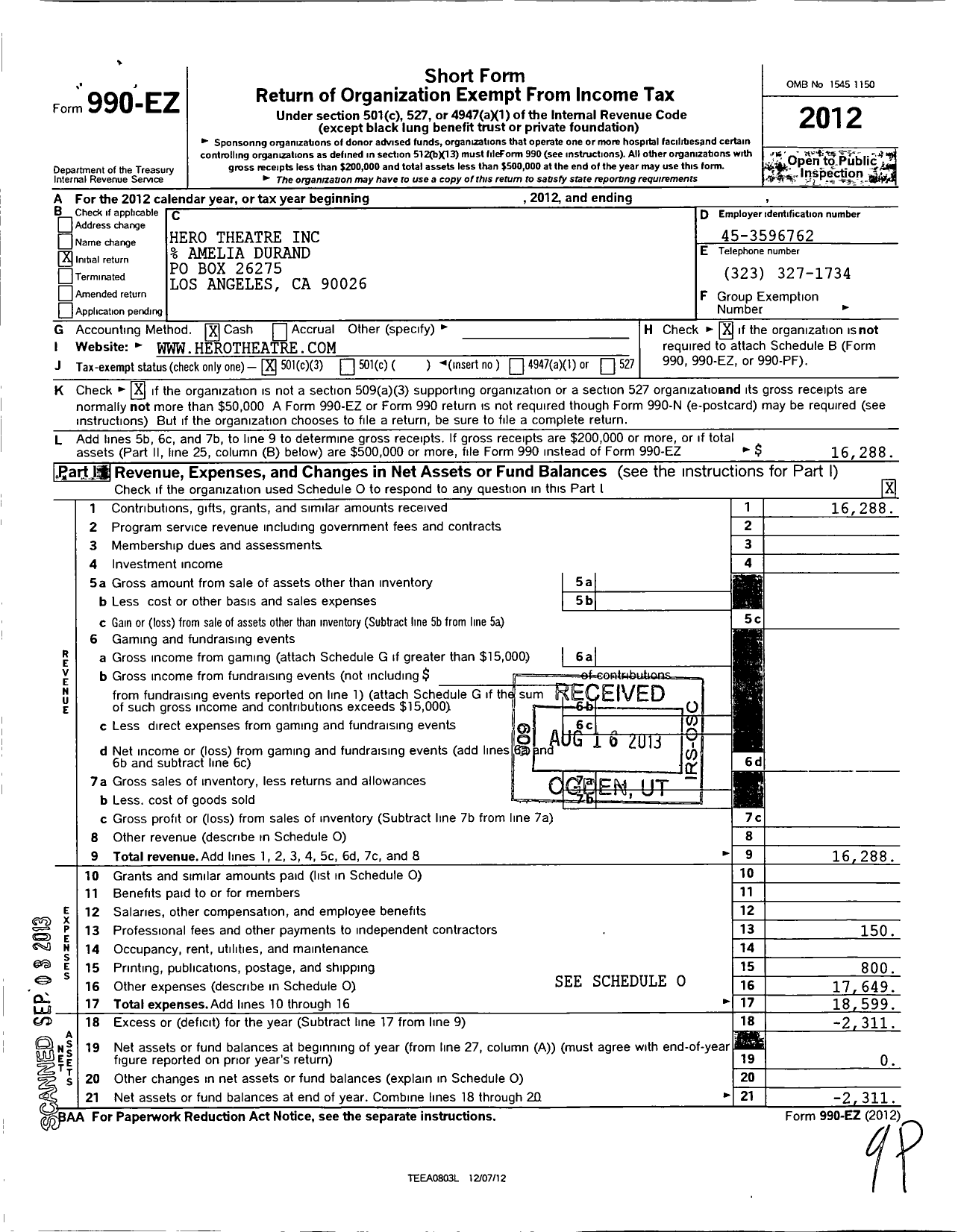 Image of first page of 2012 Form 990EZ for Hero Theatre