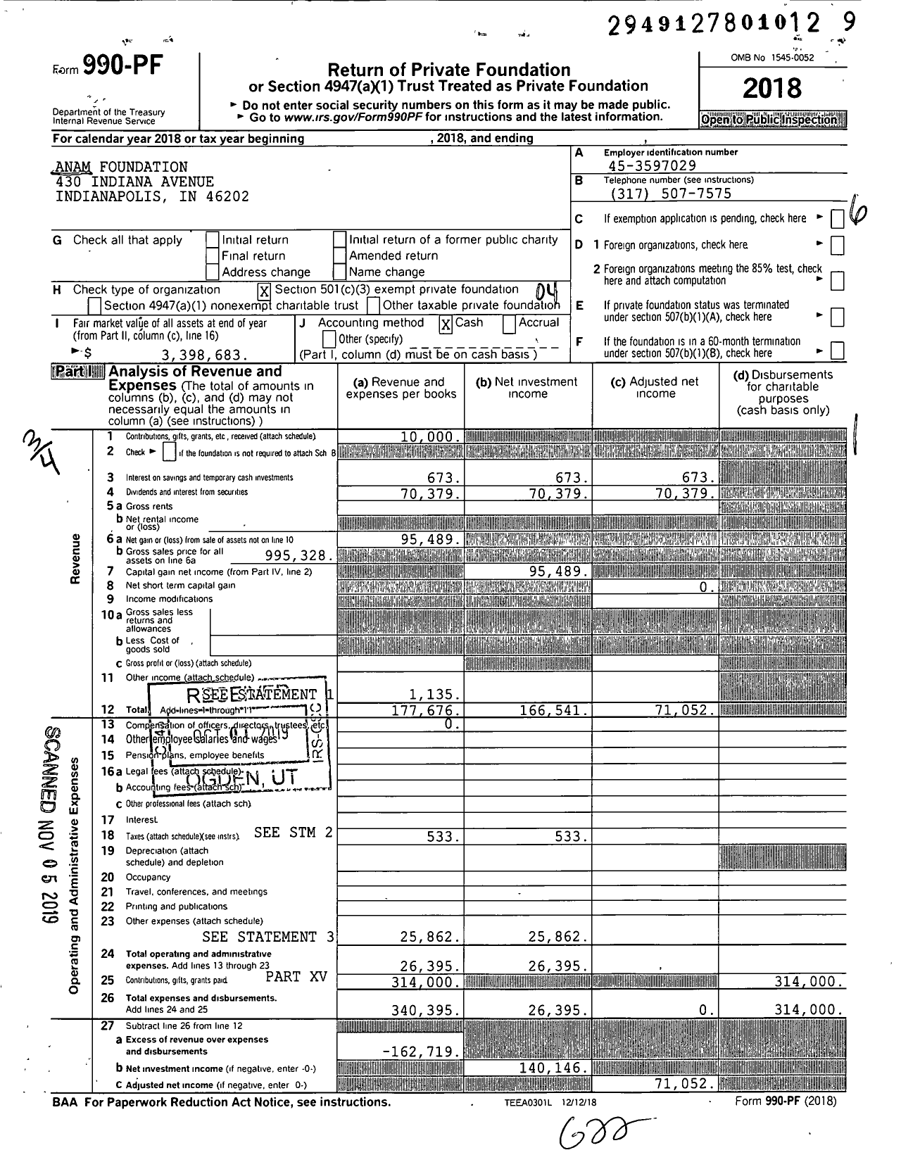 Image of first page of 2018 Form 990PF for Anam Foundation