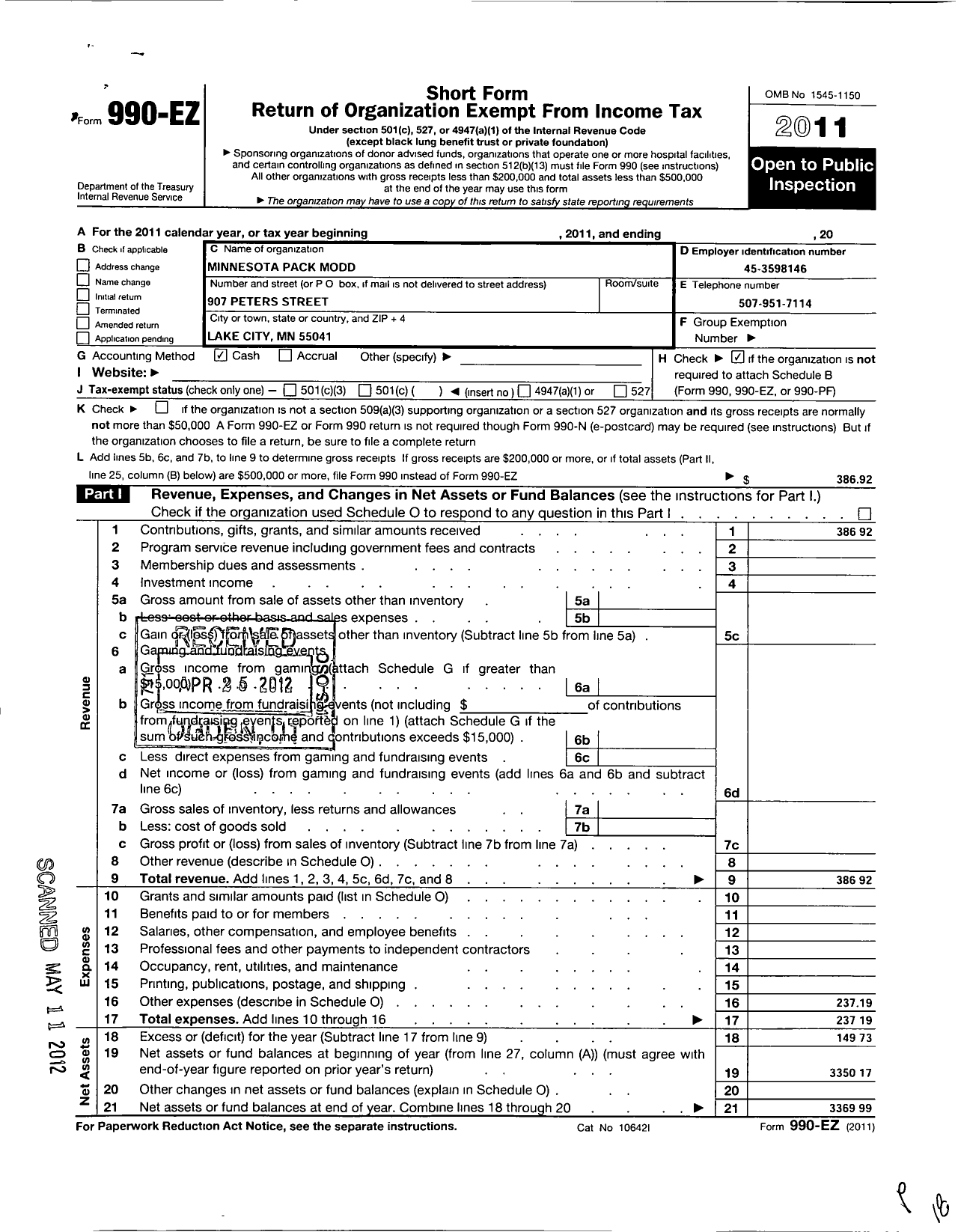 Image of first page of 2011 Form 990EO for Marine Corps League - Minnesota Pack Modd