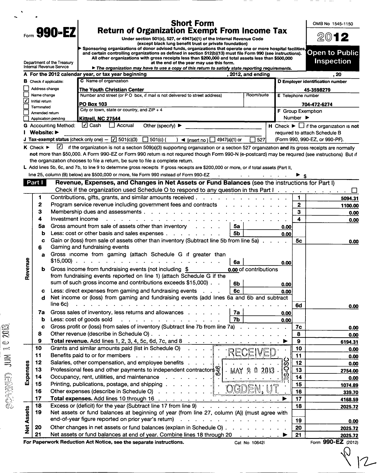 Image of first page of 2012 Form 990EZ for Youth Christian Center