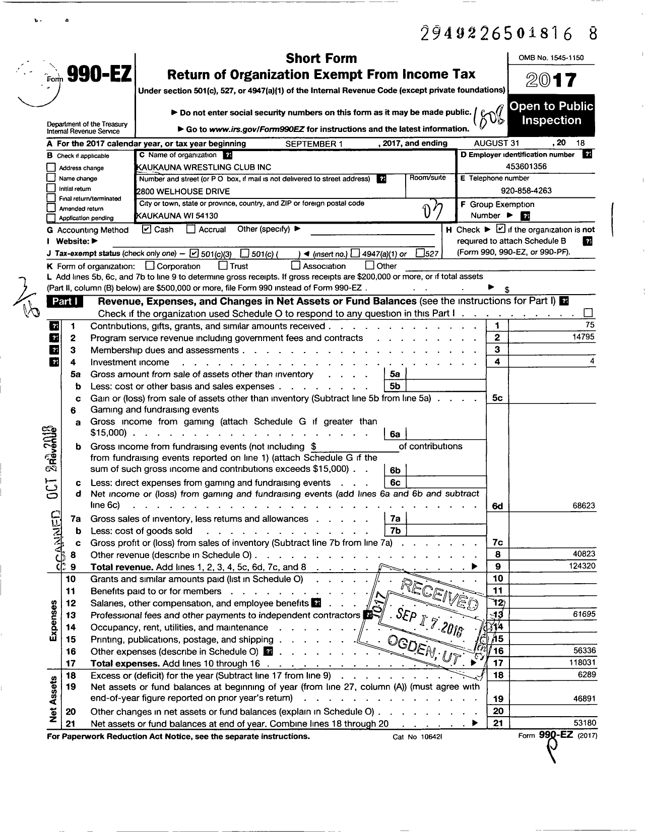 Image of first page of 2017 Form 990EZ for Kaukauna Wrestling Club