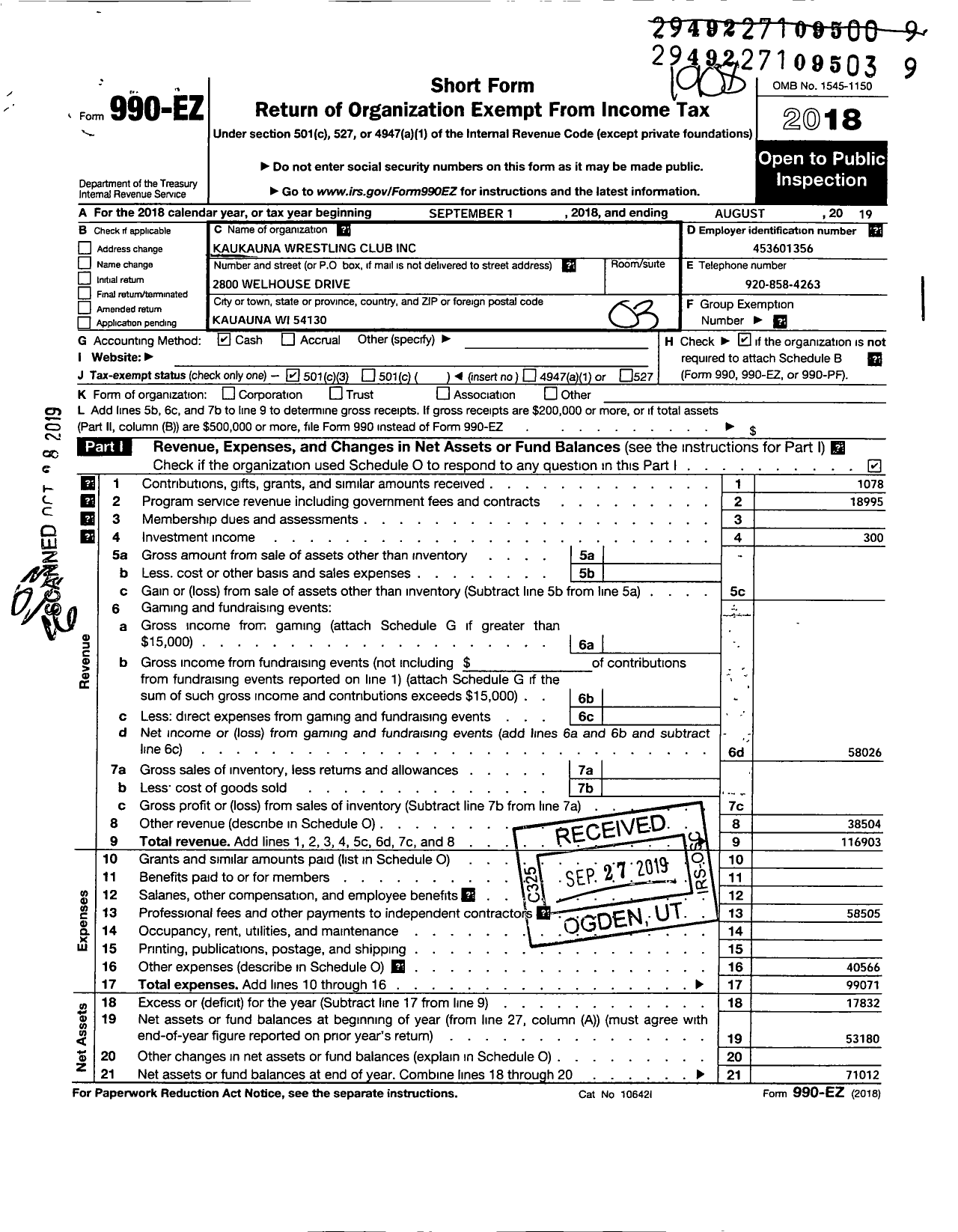 Image of first page of 2018 Form 990EZ for Kaukauna Wrestling Club