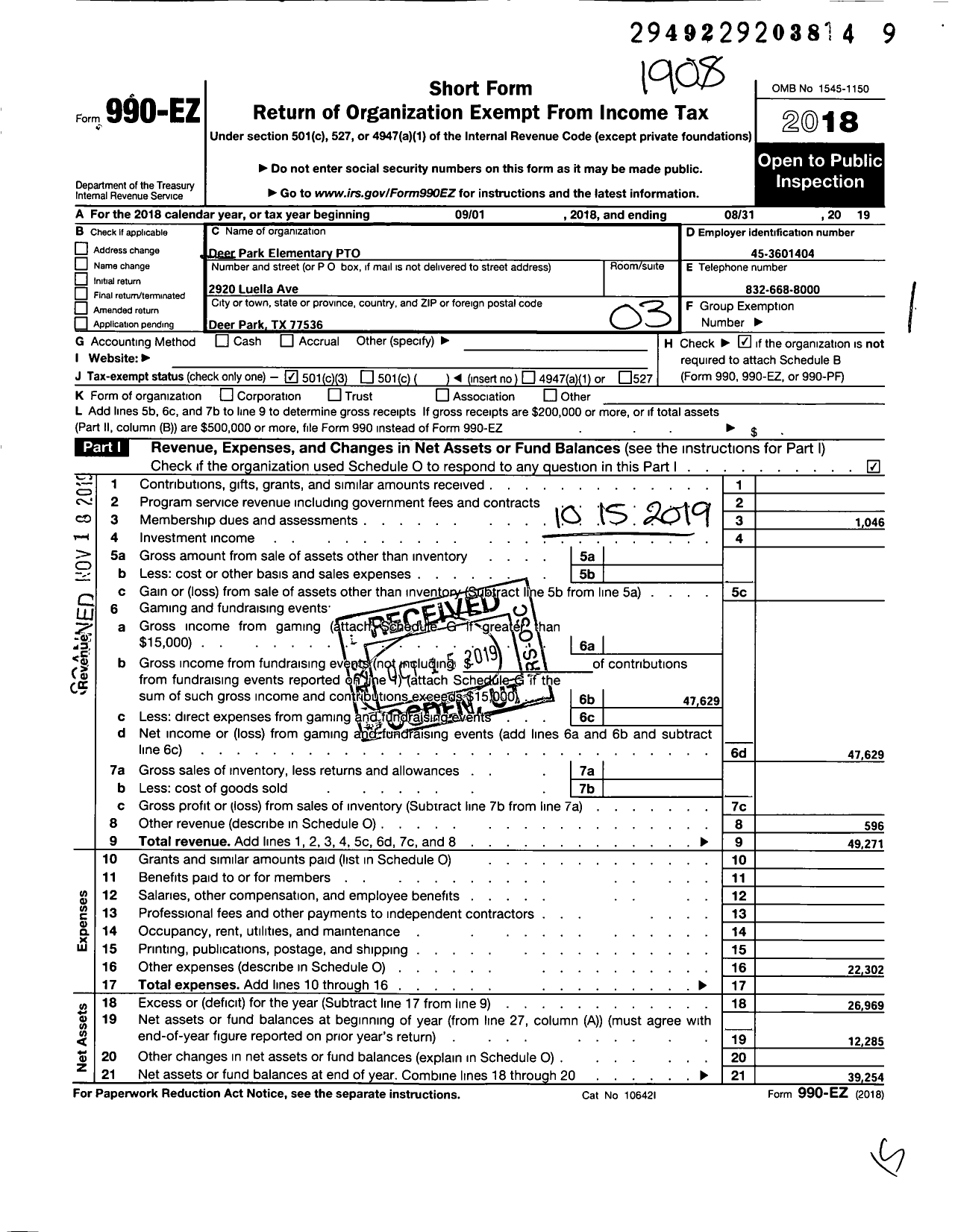 Image of first page of 2018 Form 990EZ for Deer Park Elementary Pto