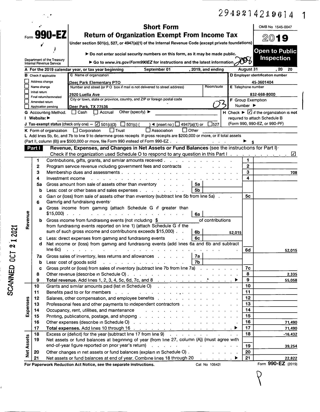 Image of first page of 2019 Form 990EZ for Deer Park Elementary Pto