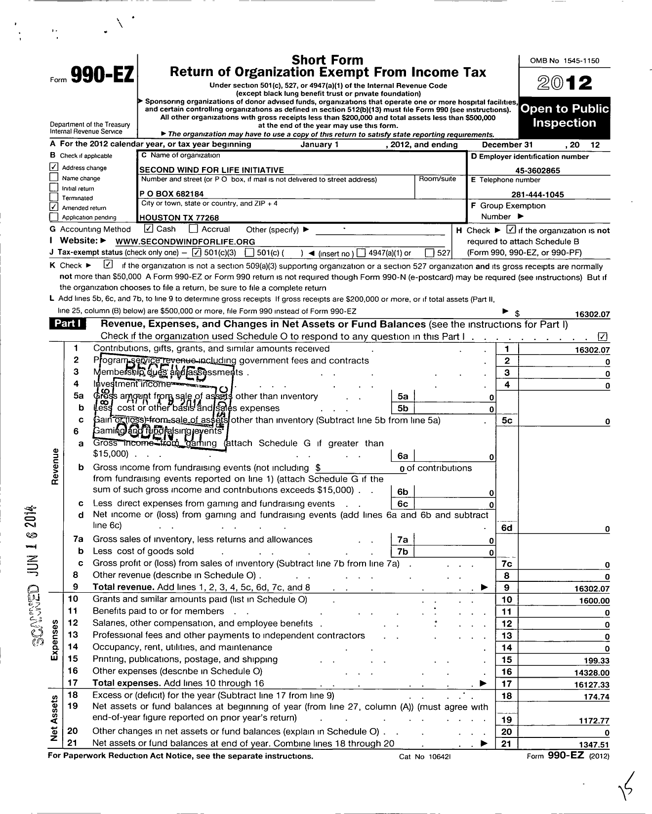 Image of first page of 2012 Form 990EZ for Second Wind for Life Initiative