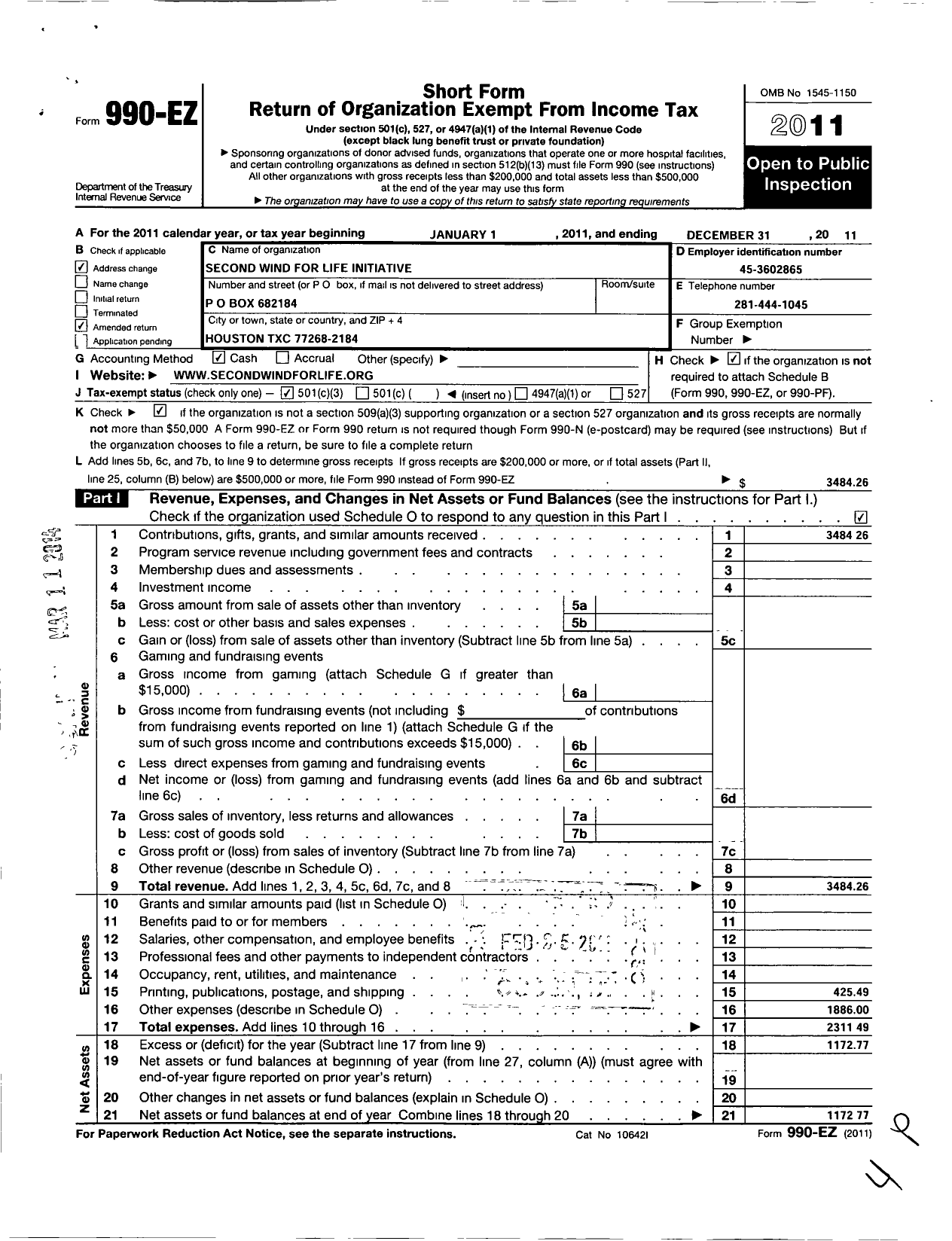 Image of first page of 2011 Form 990EZ for Second Wind for Life Initiative