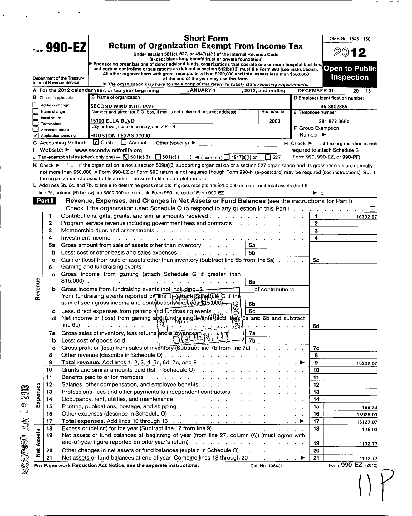 Image of first page of 2013 Form 990EZ for Second Wind for Life Initiative