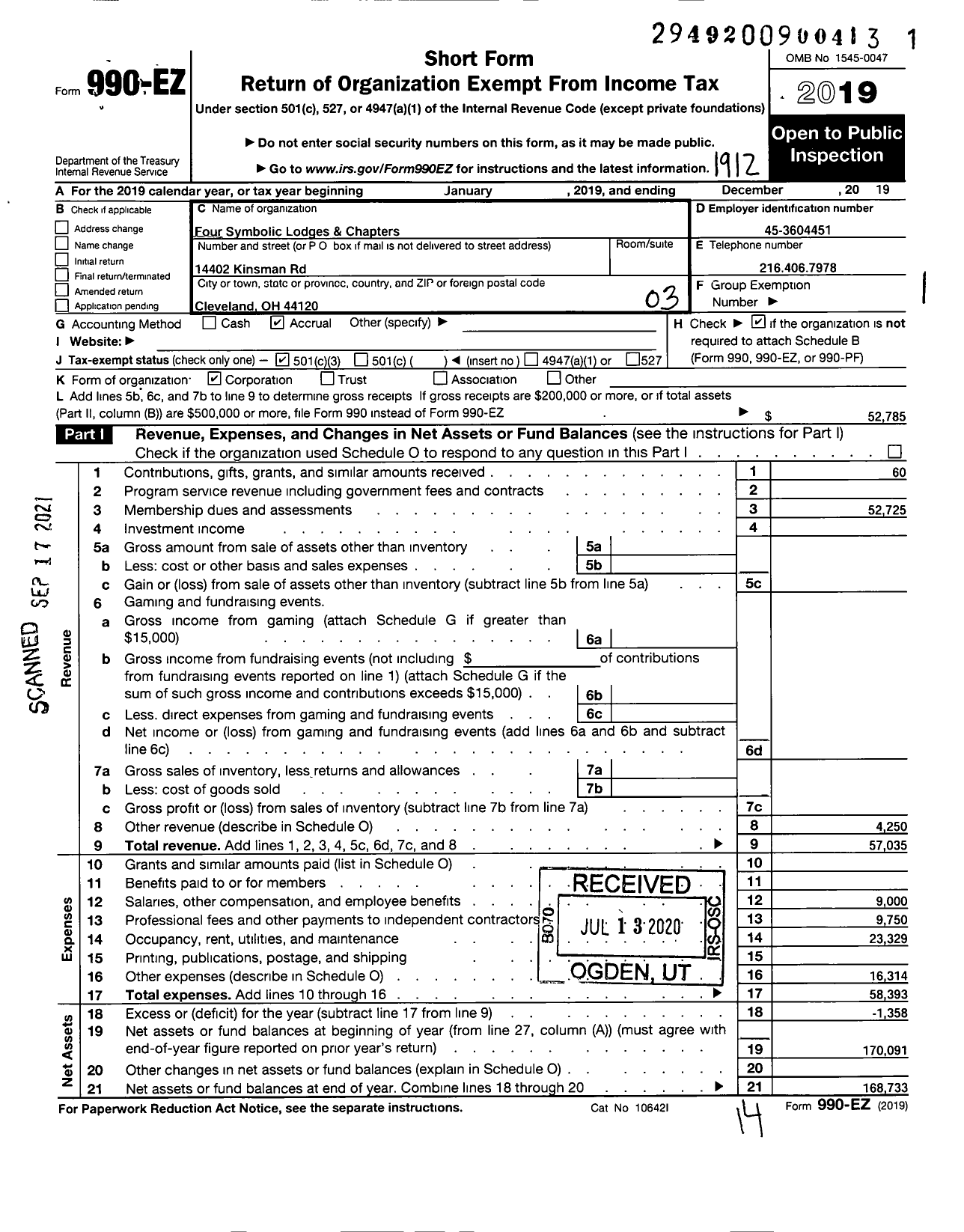 Image of first page of 2019 Form 990EZ for Four Symbolic Lodges and Chapters