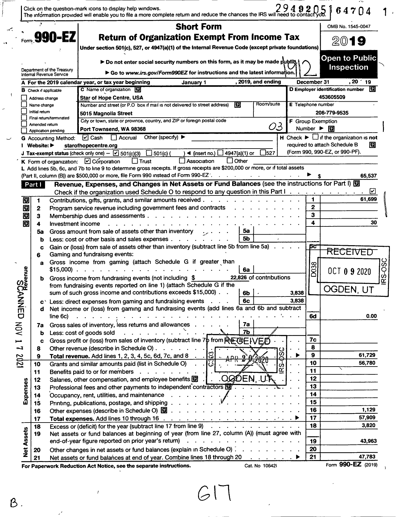 Image of first page of 2019 Form 990EZ for Star of Hope Centre - USA