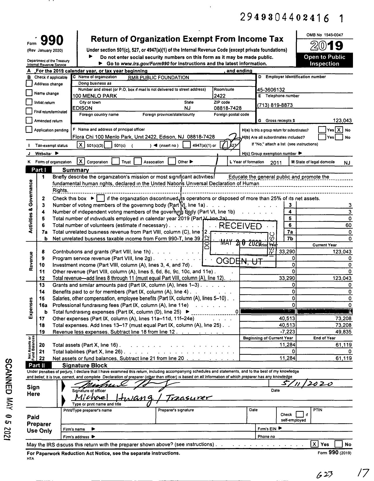 Image of first page of 2019 Form 990 for RMB Public Foundation