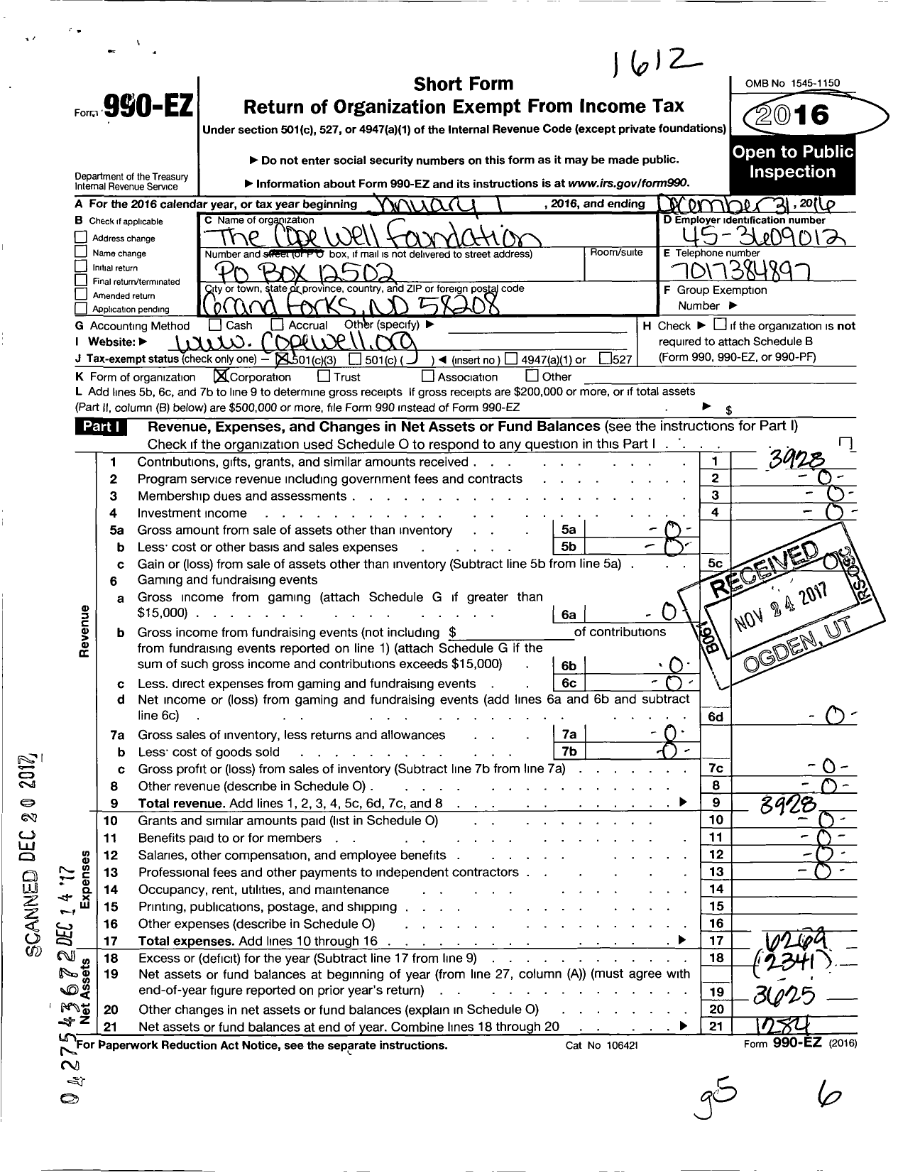 Image of first page of 2016 Form 990EZ for Cope Well Foundation