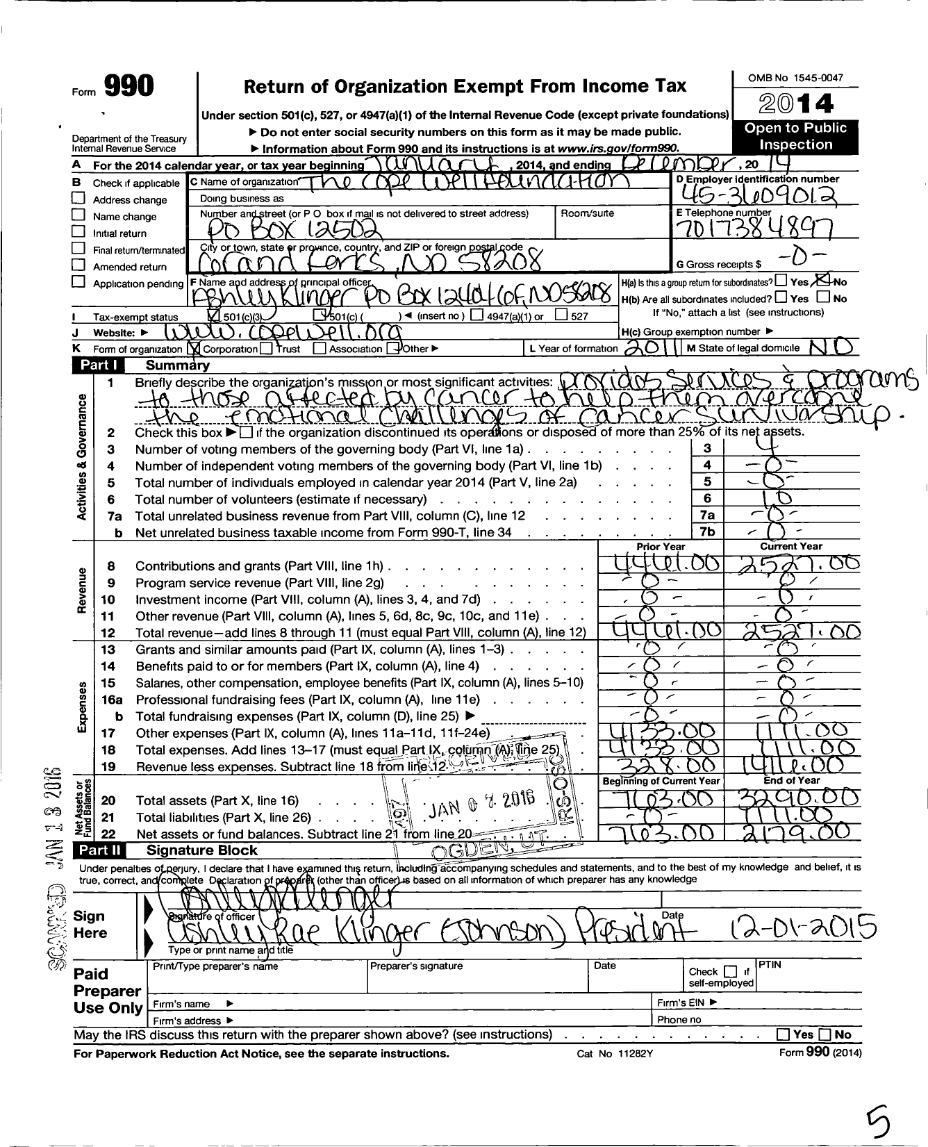 Image of first page of 2014 Form 990 for Cope Well Foundation