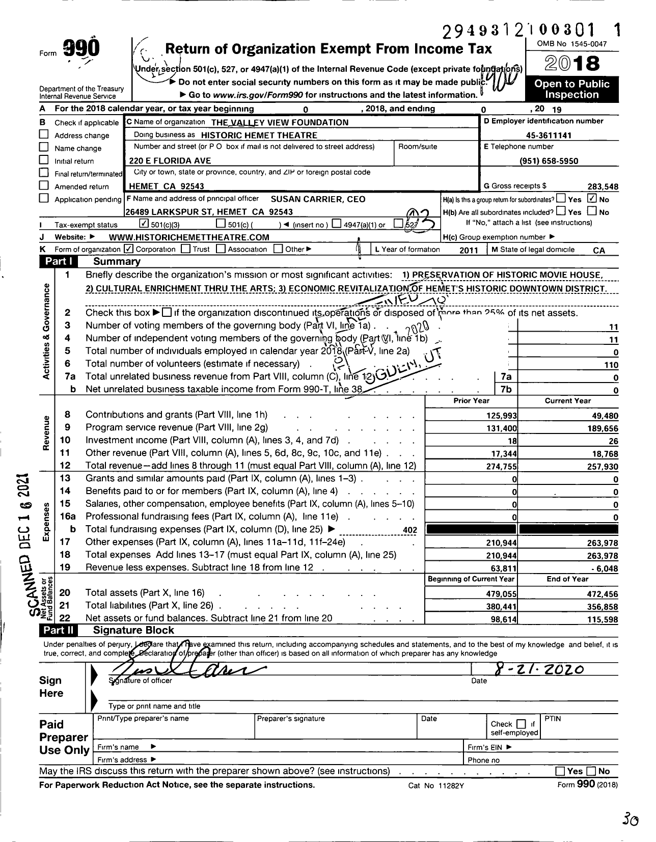 Image of first page of 2018 Form 990 for Historic Hemet Theater