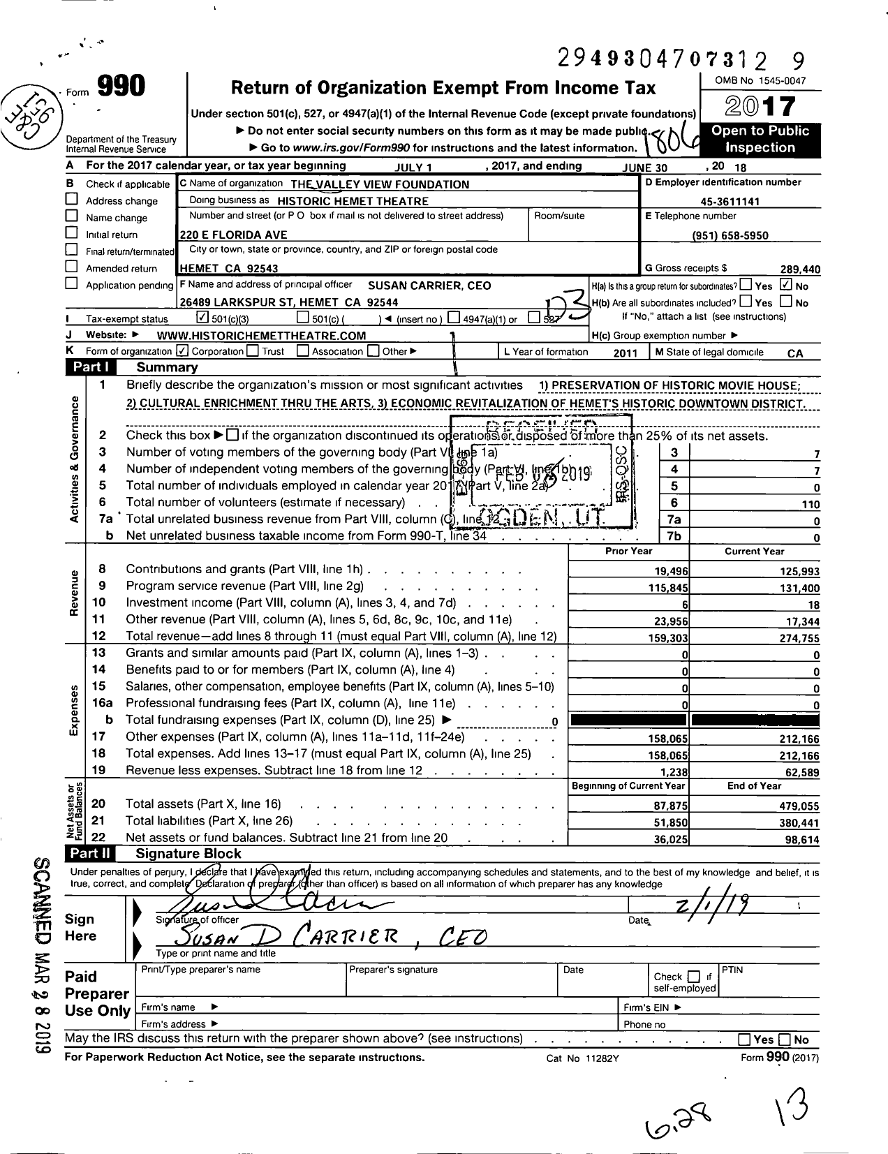 Image of first page of 2017 Form 990 for Historic Hemet Theater