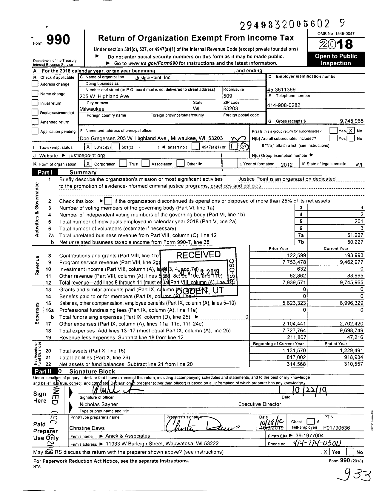 Image of first page of 2018 Form 990 for JusticePoint