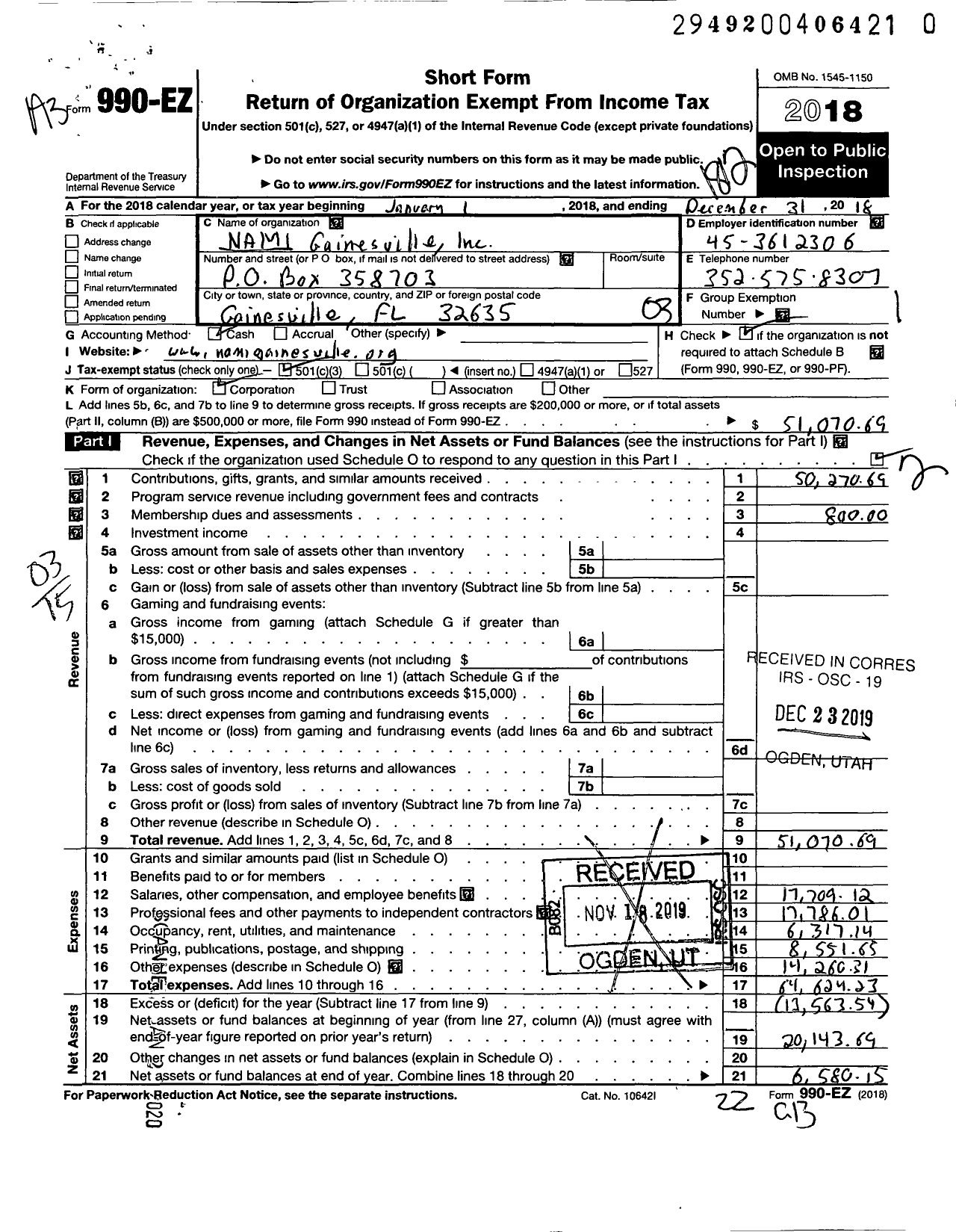 Image of first page of 2018 Form 990EZ for NAMI Gainesville