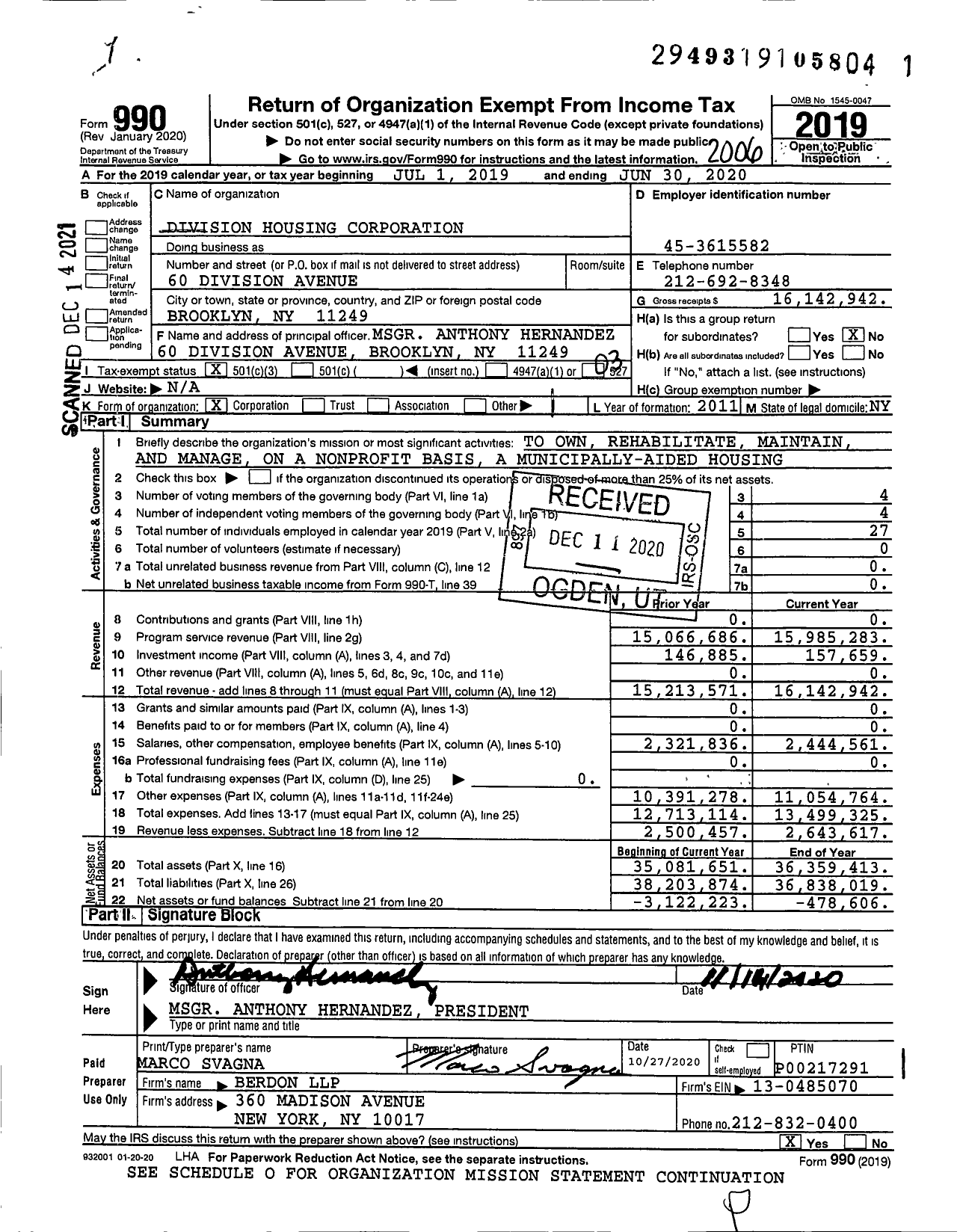 Image of first page of 2019 Form 990 for Division Housing Corporation