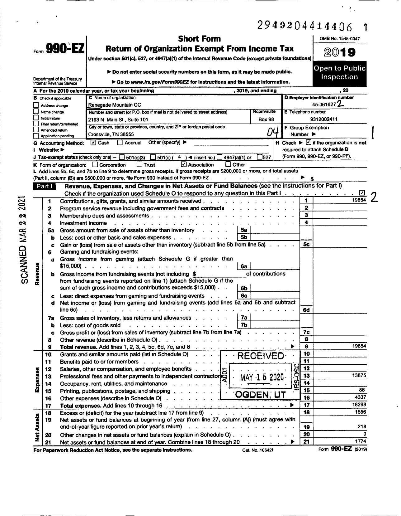 Image of first page of 2019 Form 990EO for Renegade Mountain CC