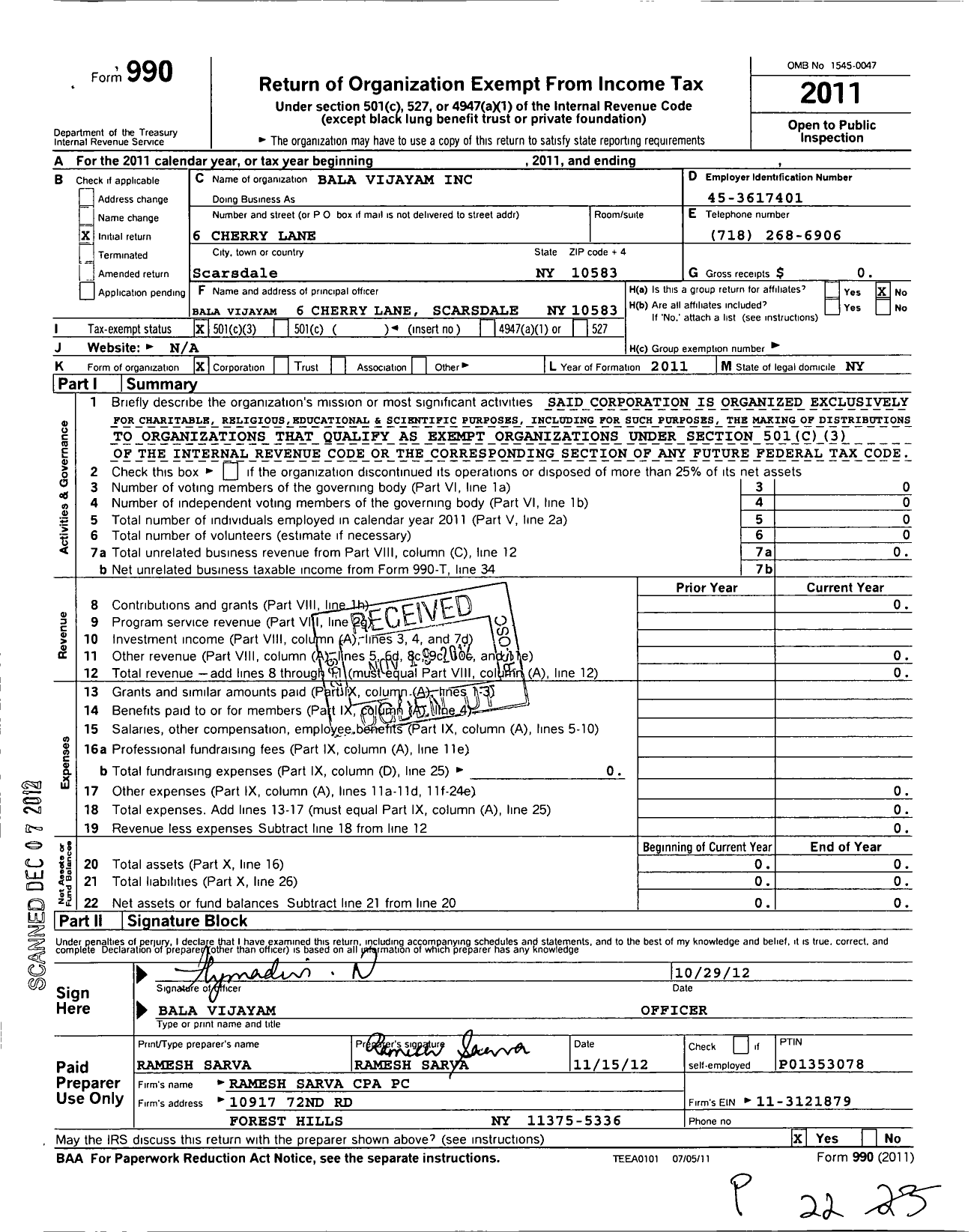 Image of first page of 2011 Form 990 for Bala Vijayam