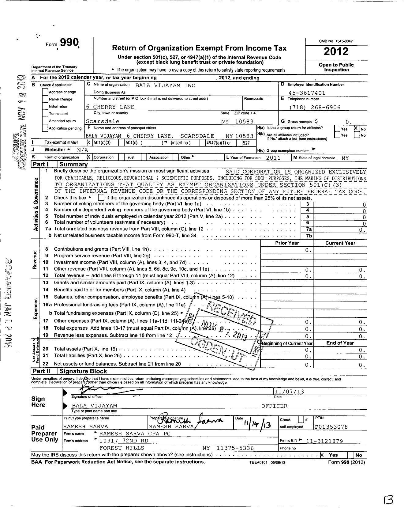 Image of first page of 2012 Form 990 for Bala Vijayam